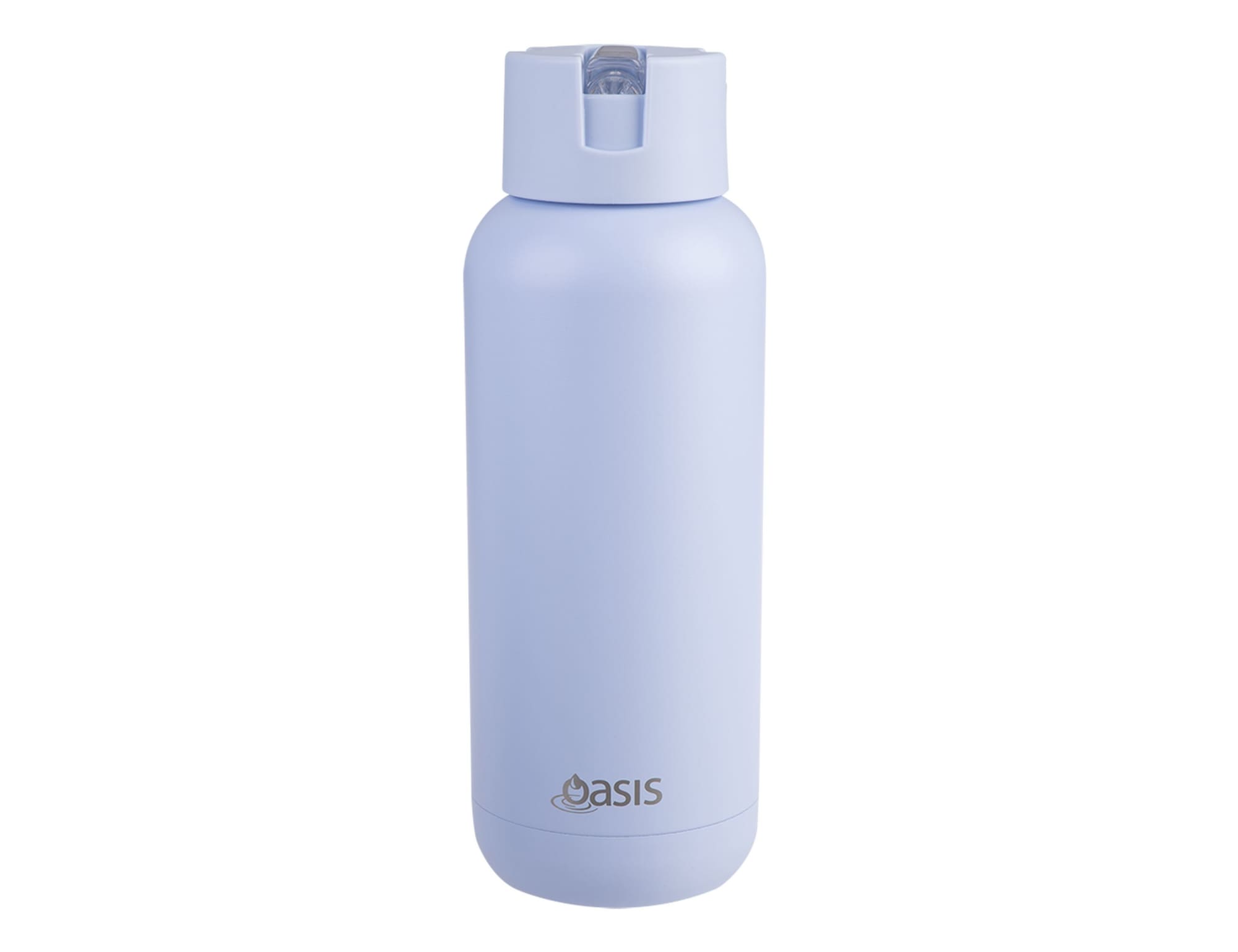 A drink bottle in light blue with a logo at the bottom. It features a secure lid and a sleek design.