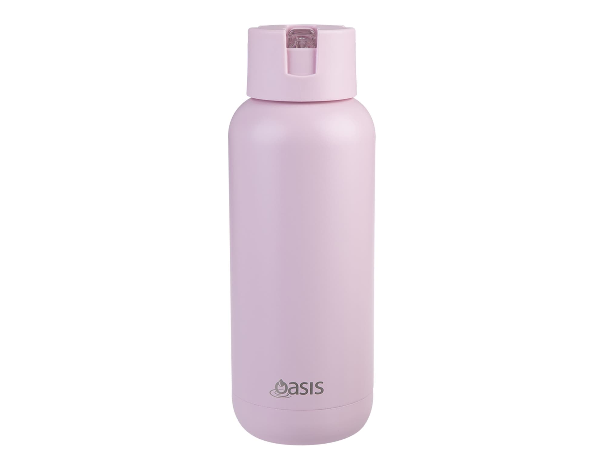 A drink bottle in pastel pink with a secure cap and a logo near the base.