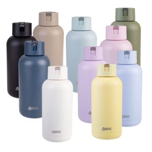 A drink bottle collection featuring various colours: black, grey, beige, navy, white, purple, pink, and yellow, each with a logo.
