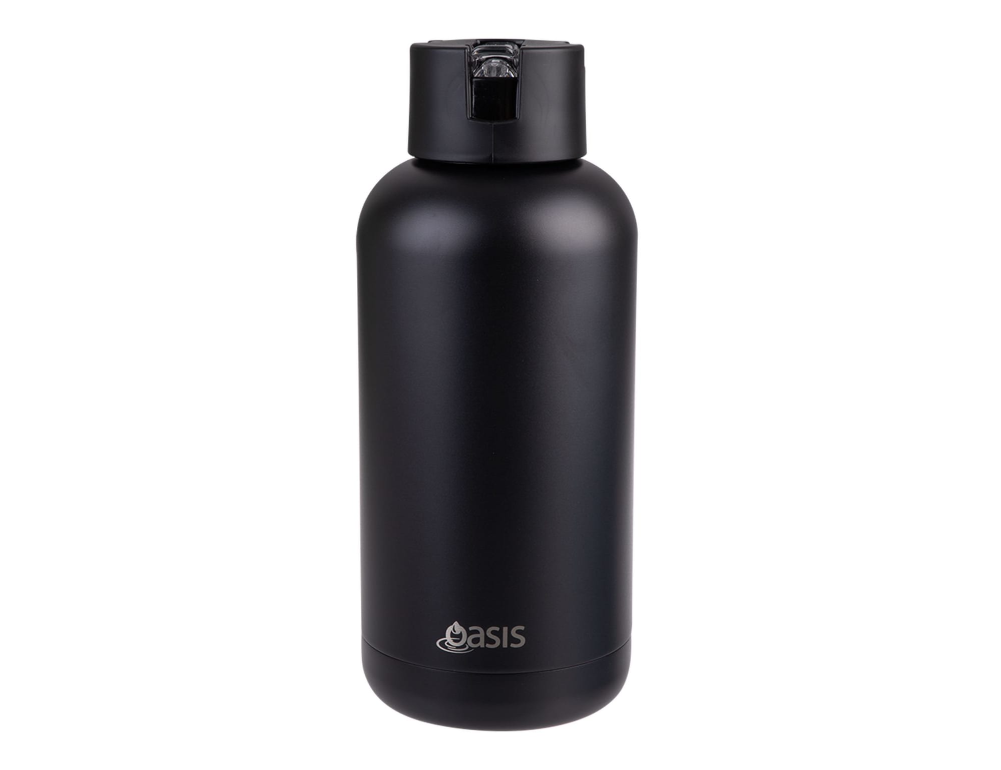 A drink bottle in matte black, featuring a top lid with a spout and a logo. Holds 1.5 litres.