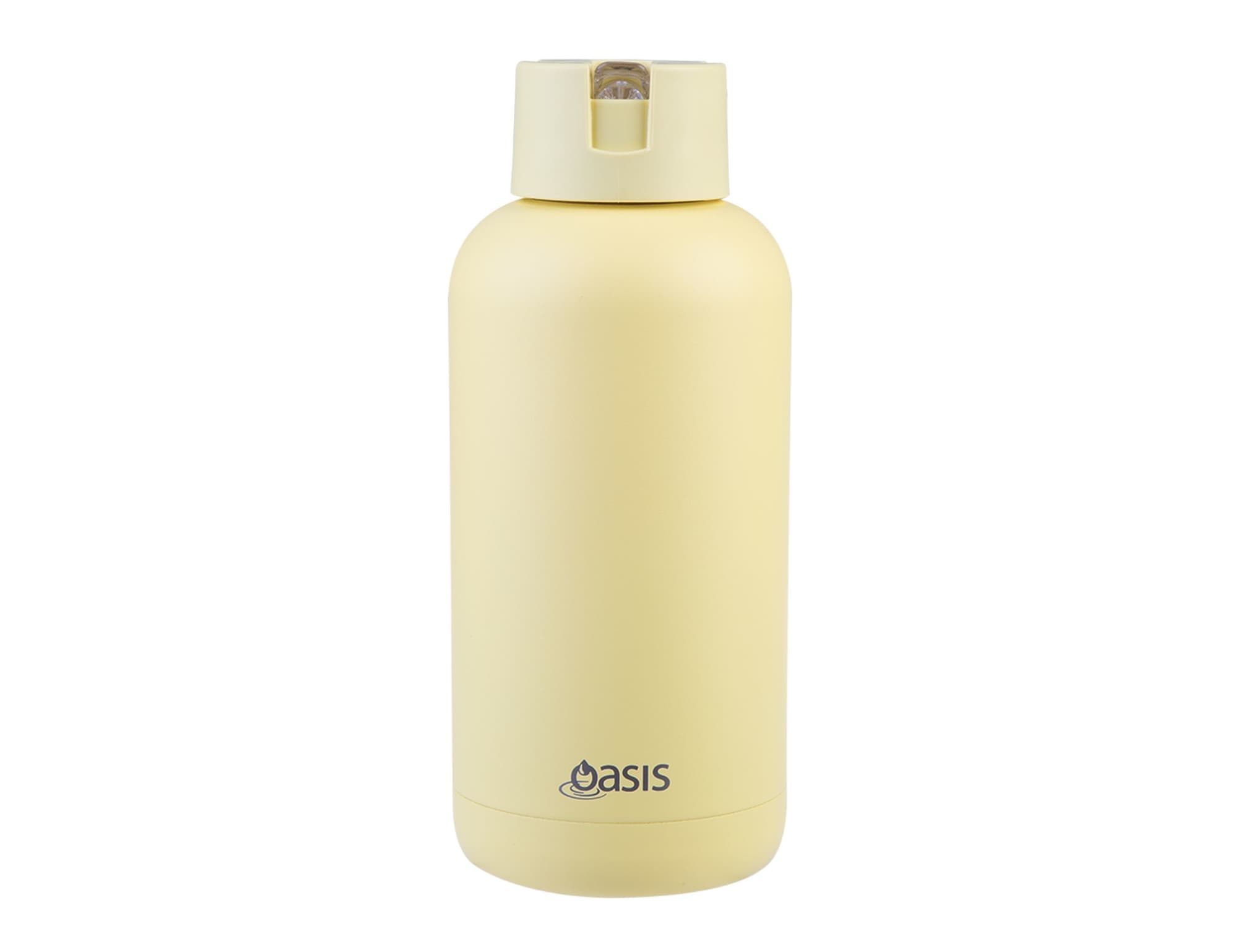 A drink bottle in a pale yellow colour with a screw-top lid and a logo on the front.