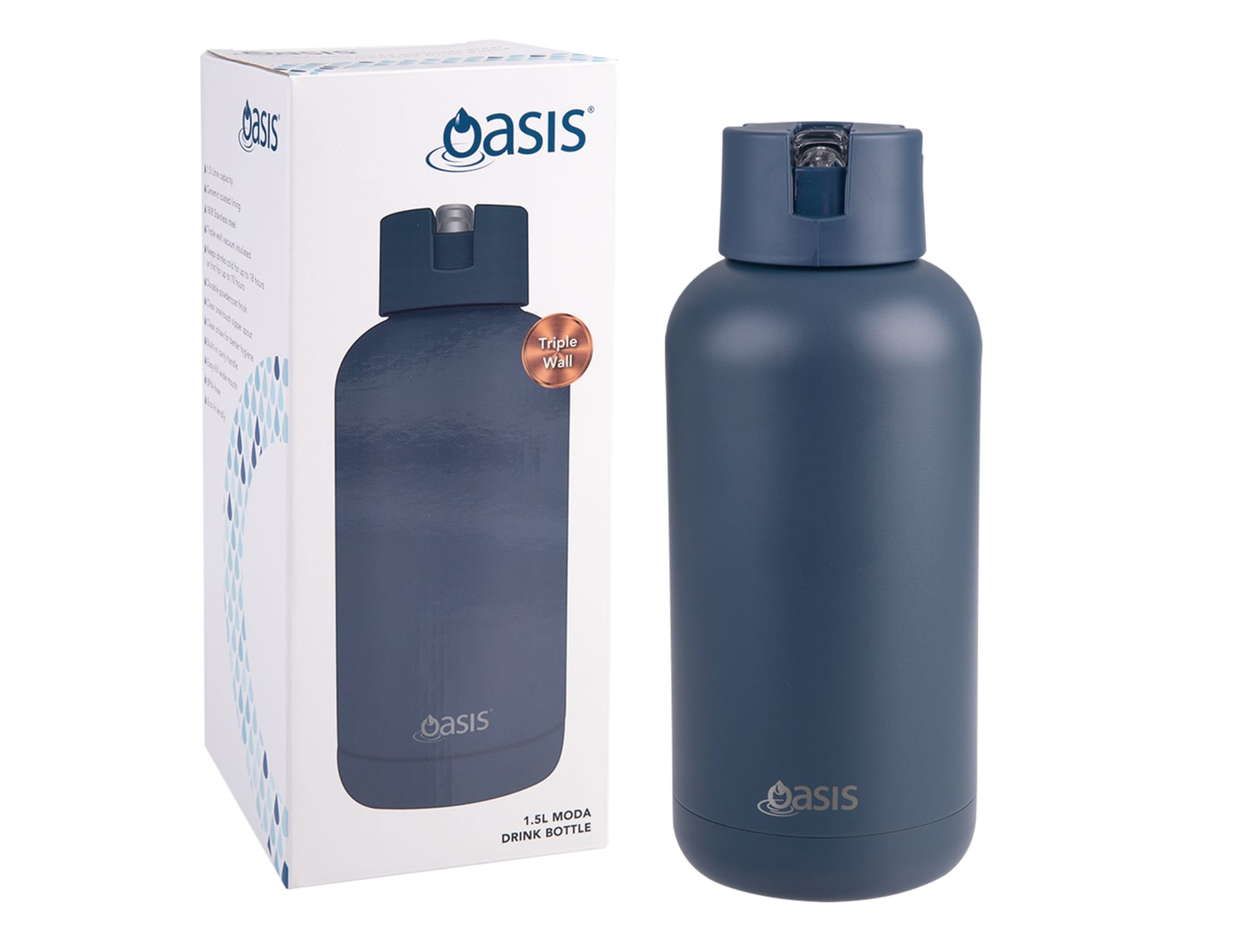 A drink bottle in navy blue with a lid, displayed next to its packaging featuring a logo.