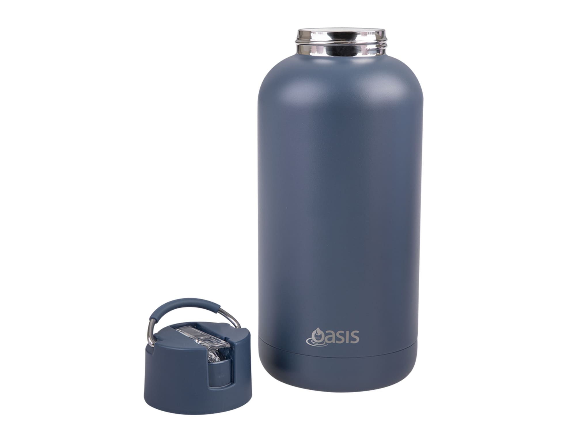 A drink bottle in matte dark blue with a silver top and a detachable lid featuring a handle.