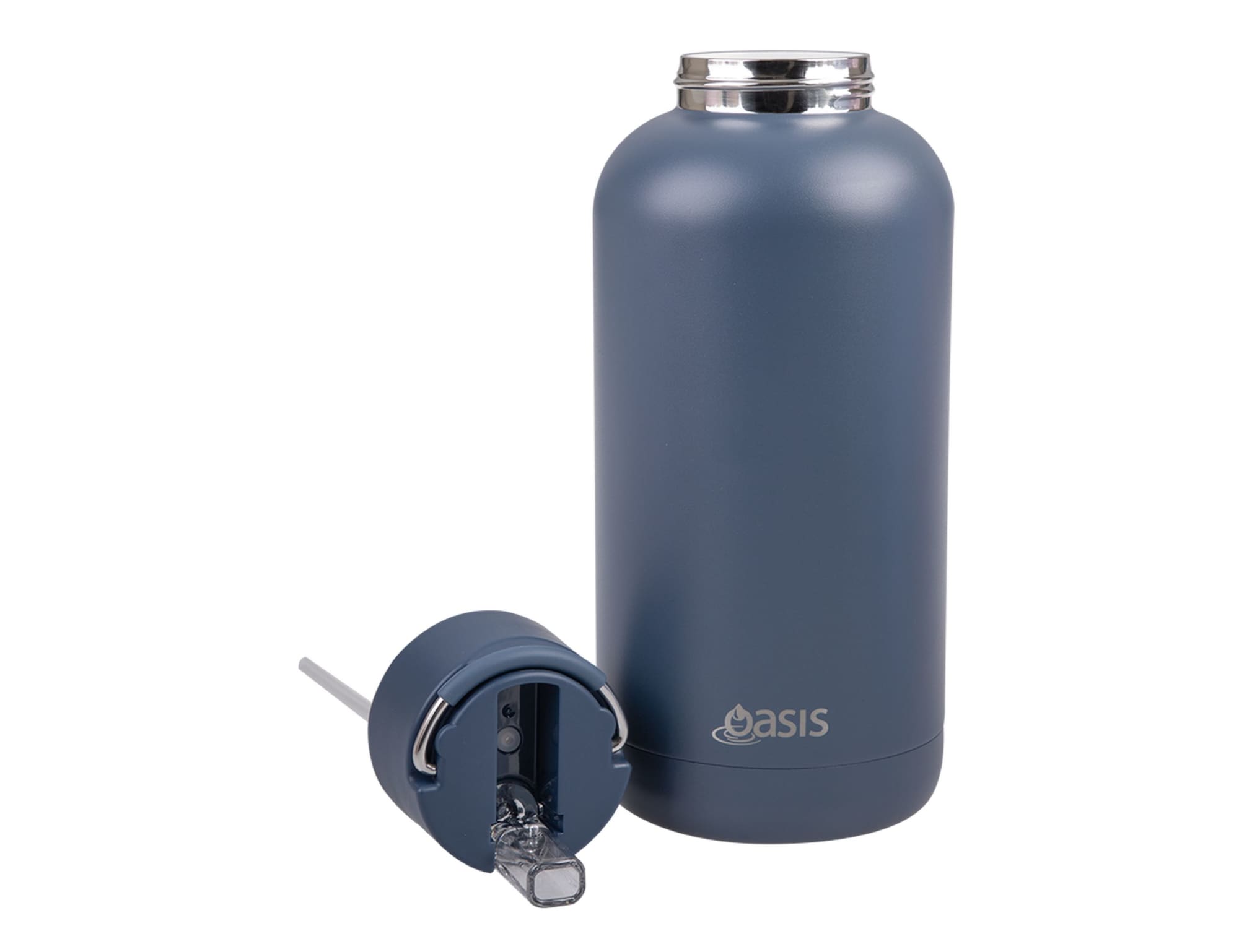 A drink bottle in navy blue with a silver lid and detachable spout. Features a logo on the body.