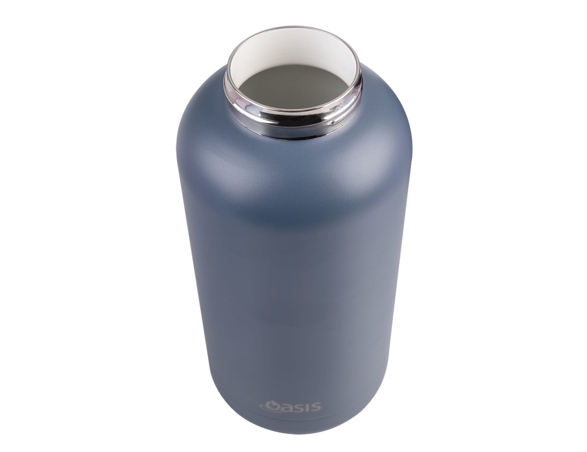A drink bottle in a matte blue finish with a silver collar and a wide opening, featuring a logo.