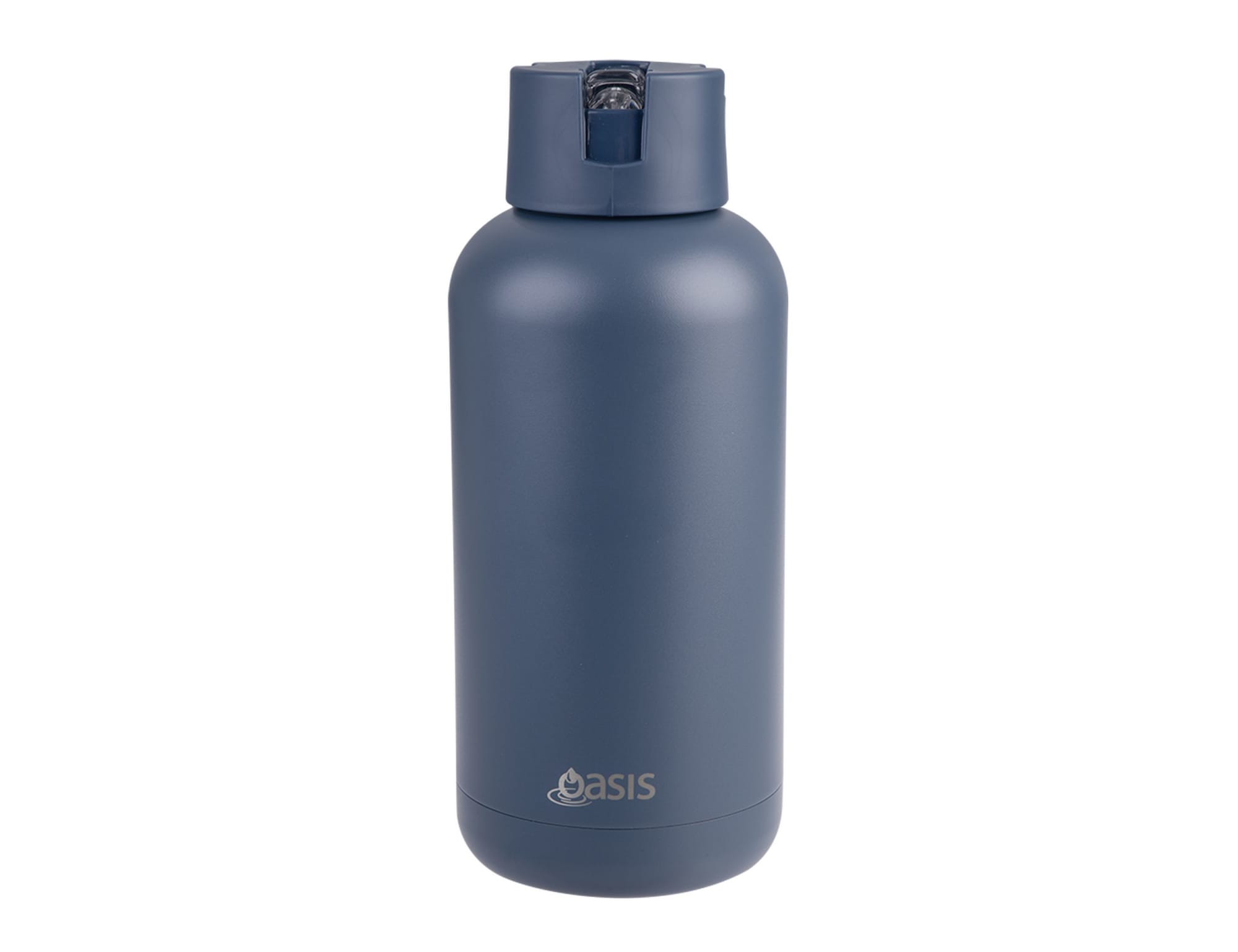 A drink bottle in dark blue with a sleek design and a flip-top lid, featuring a logo at the base.