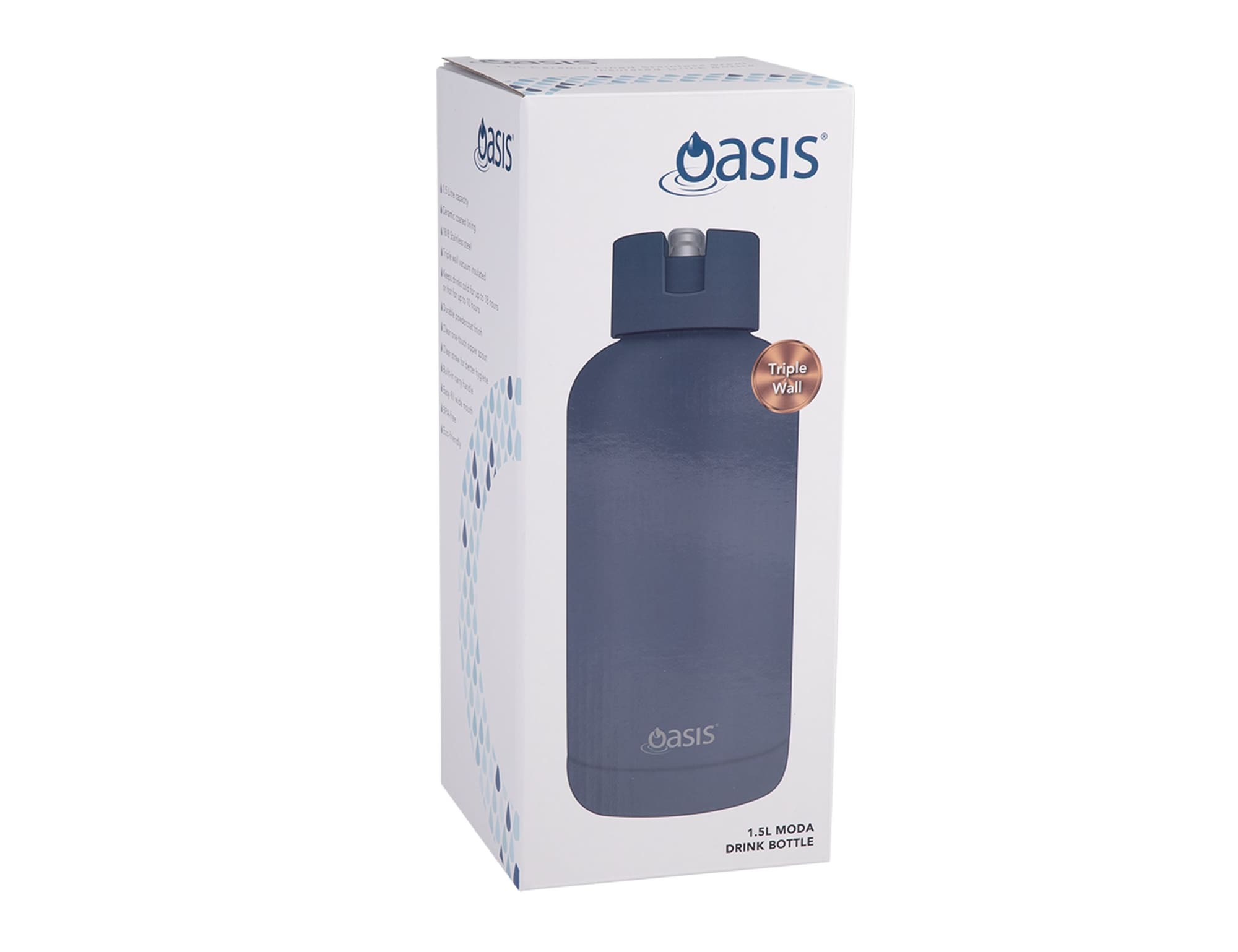 A drink bottle in navy blue with a triple wall design, packaged inside a box featuring a logo.