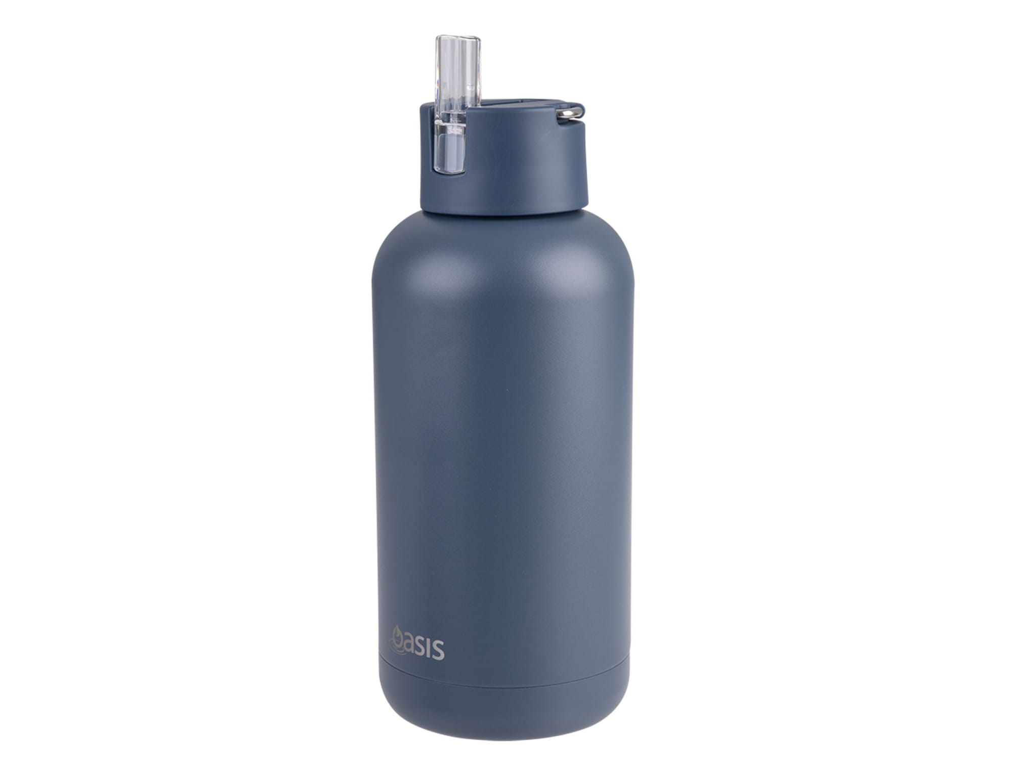 A drink bottle in matte navy blue with a straw lid and a logo on the front.