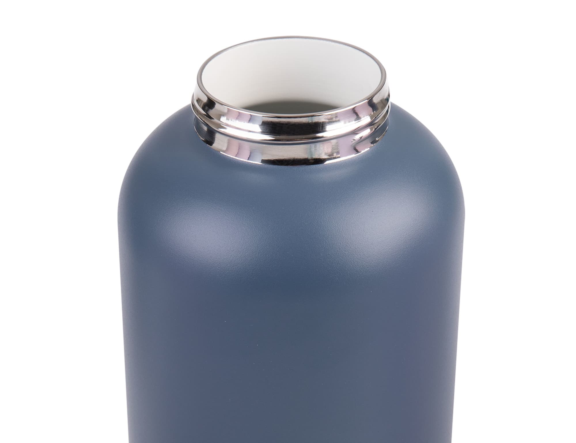 A drink bottle in matte grey with a shiny silver rim and an insulated opening. It features a logo.