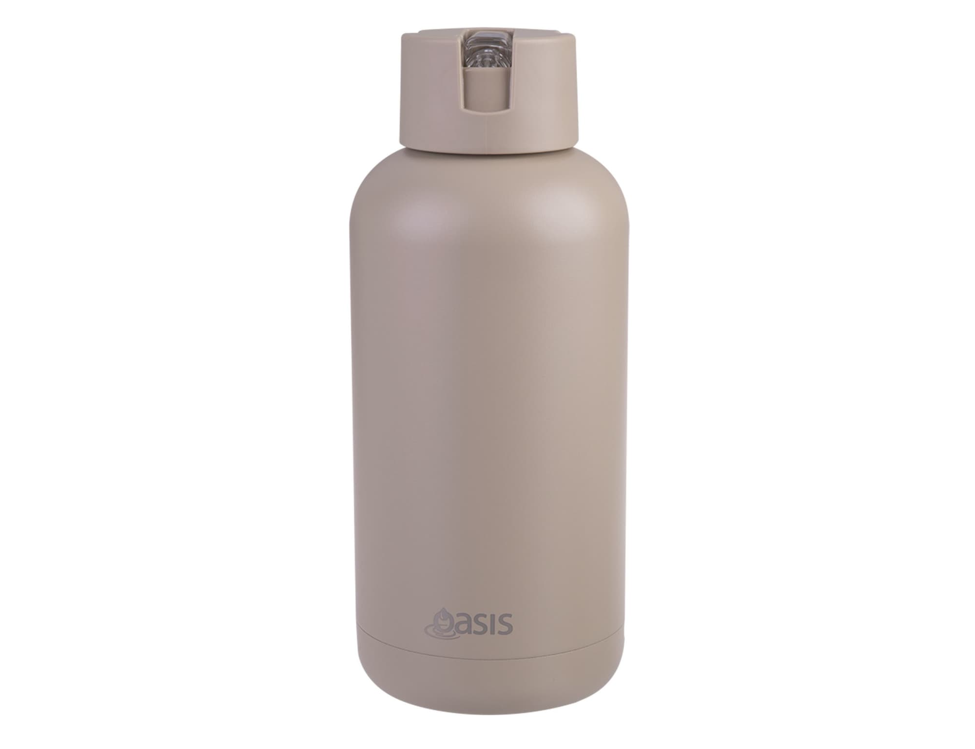 A drink bottle in a light beige colour with a secure cap and a logo on the side.