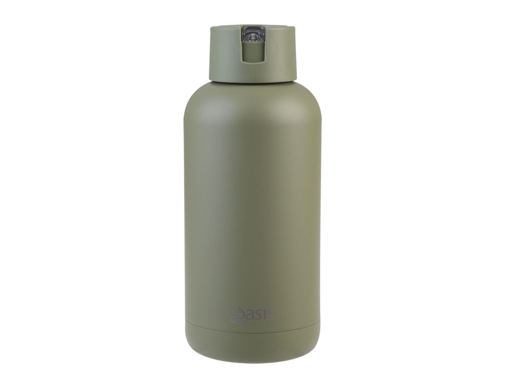 A drink bottle in matte olive green, featuring a secure lid and a small branding logo on the front.