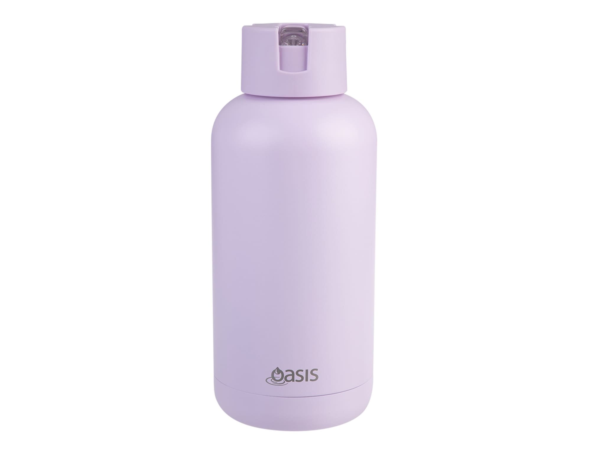 A drink bottle in a soft lavender colour with a rounded shape and a small spout. It features a branding logo.