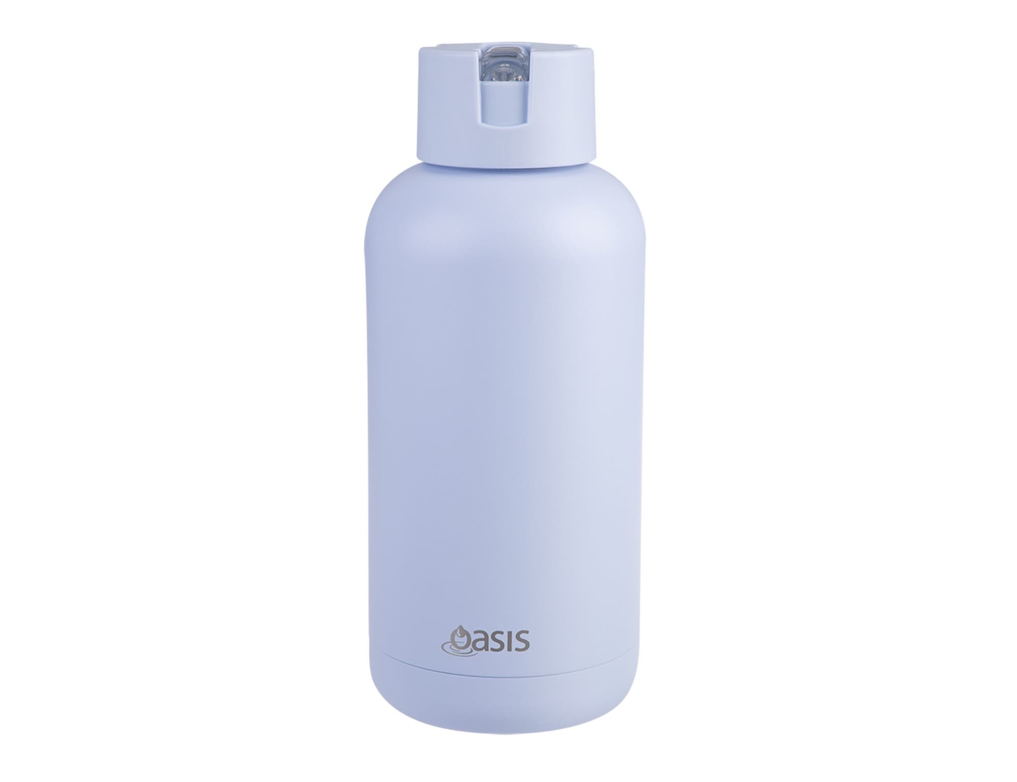 A drink bottle in a soft lavender shade, featuring a screw top lid and a logo on the side.