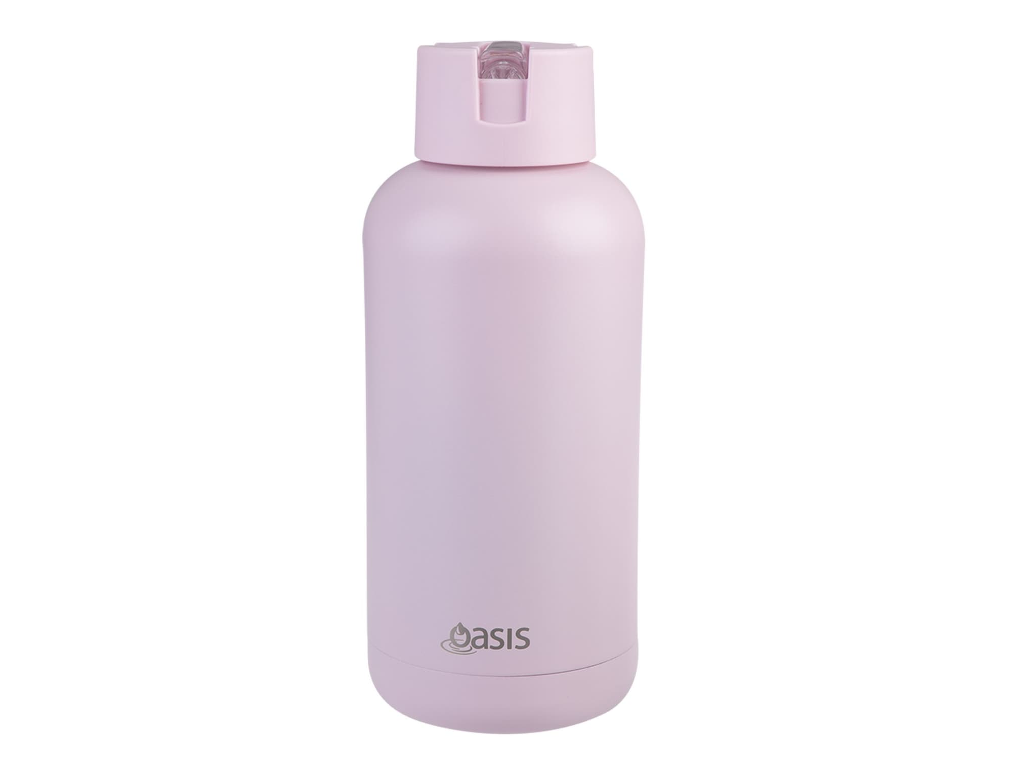 A drink bottle in a soft pink hue, featuring a flip-top lid and a simple logo on the side.