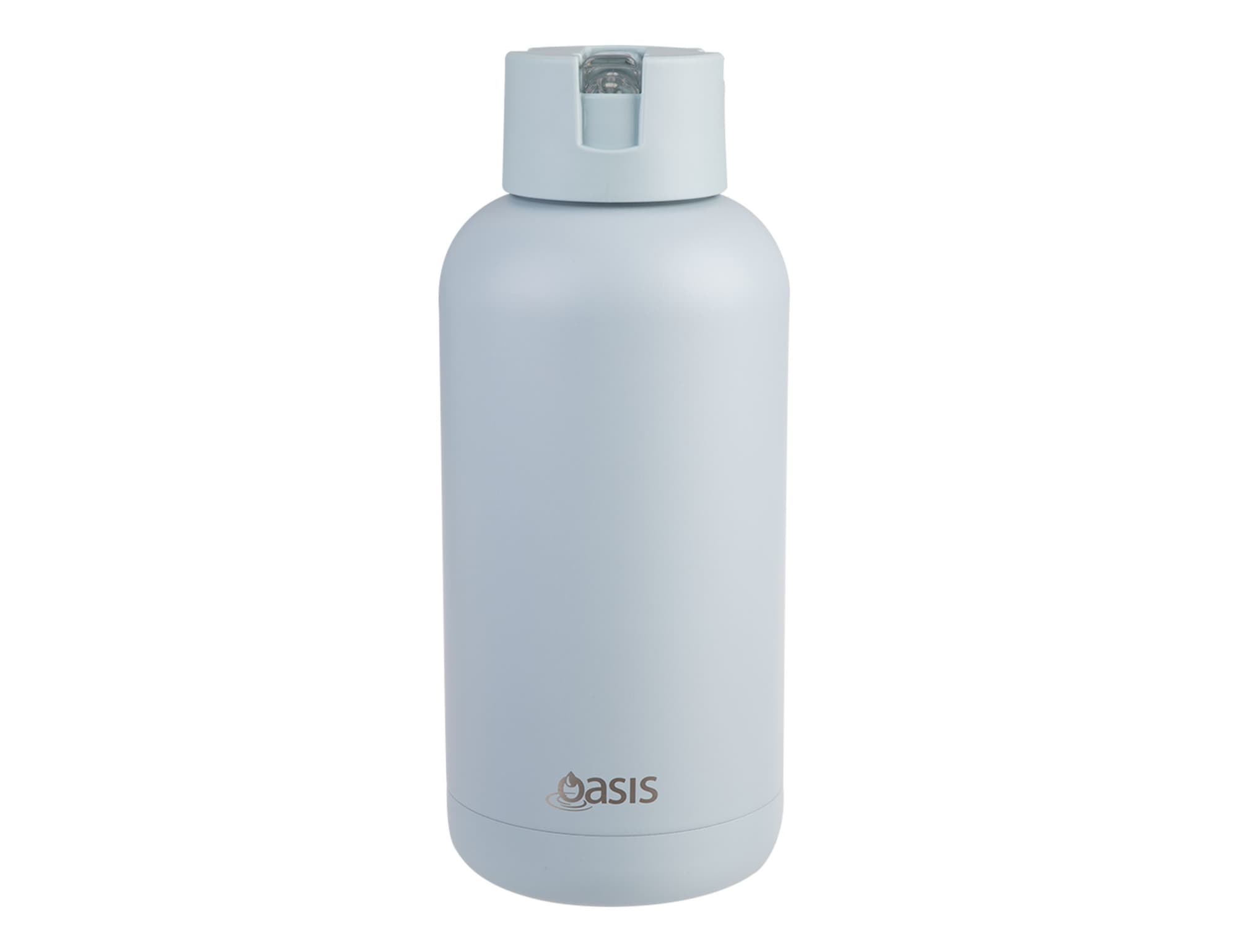 A drink bottle in light blue with a screw-on lid and a logo on the front, featuring a smooth, matte finish.