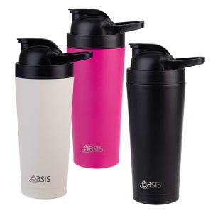 A drink bottle set featuring three vacuum protein shakers in white, pink, and black, each with a black lid and logo.