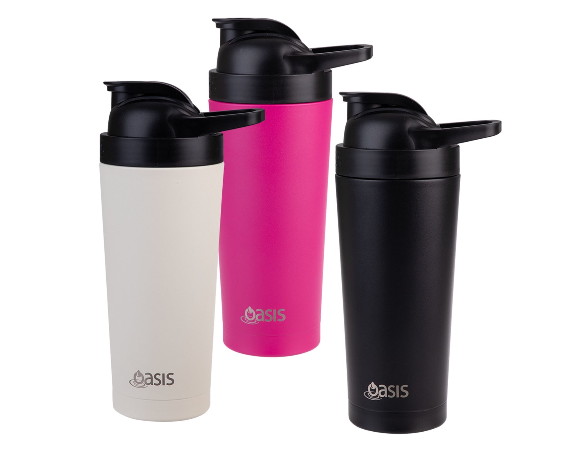 A drink bottle set featuring three vacuum protein shakers in white, pink, and black, each with a black lid and logo.
