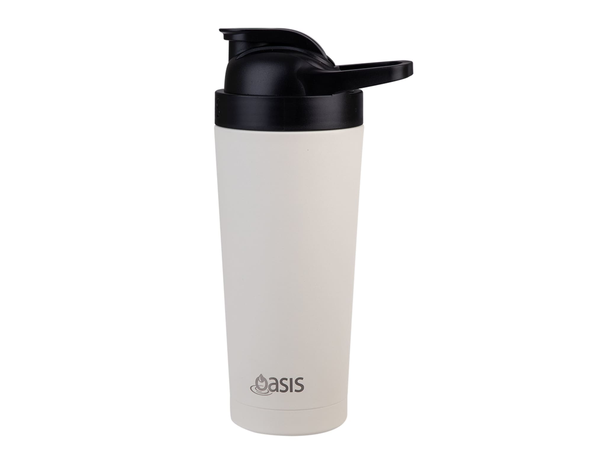 A drink bottle featuring a sleek white body and a black lid with a logo on the front.