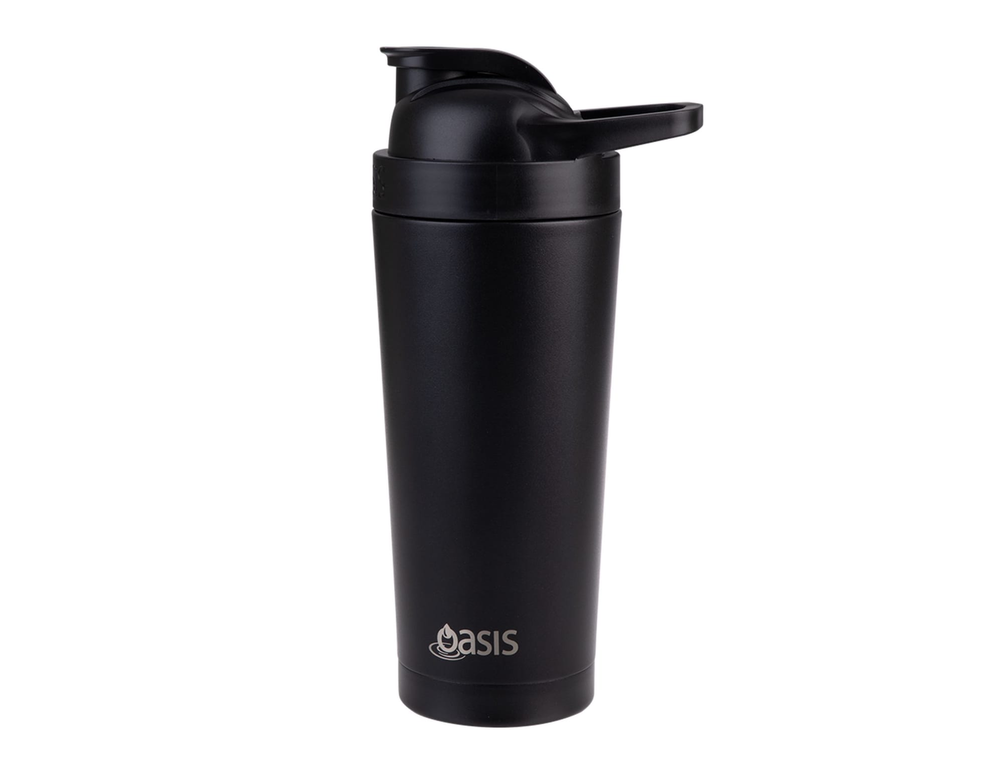 A drink bottle featuring a sleek black design, with a flip-top lid and a logo on the side.