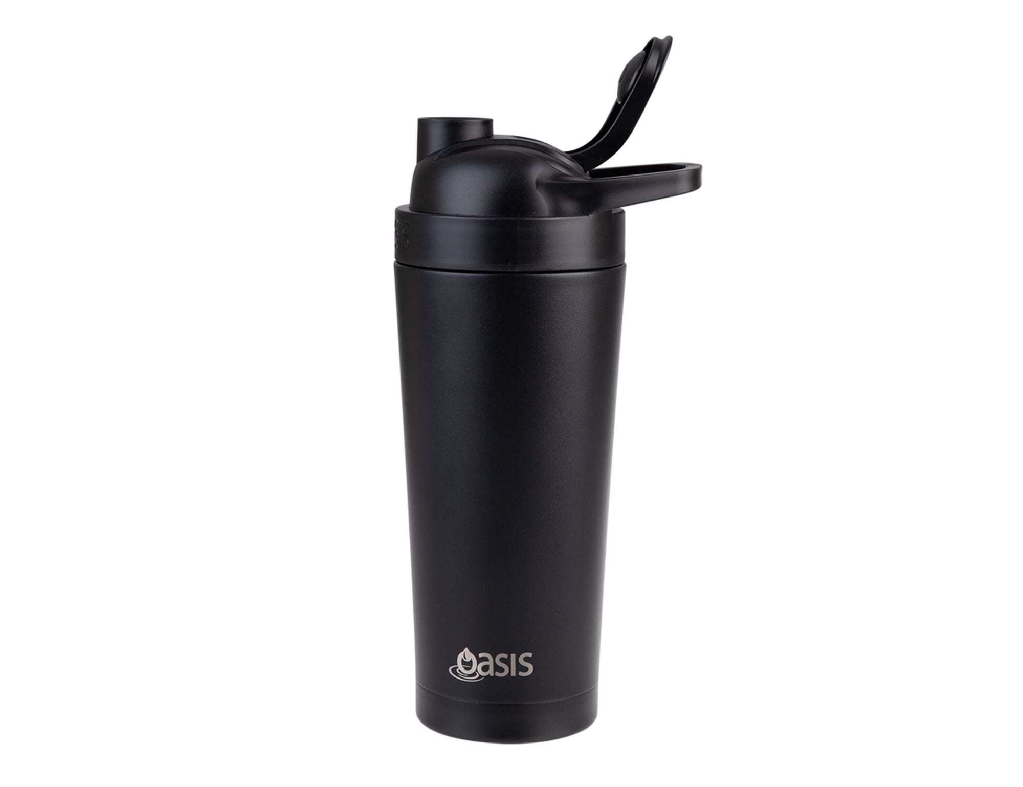 A drink bottle in matte black with a flip-top lid and a branding logo on the front.