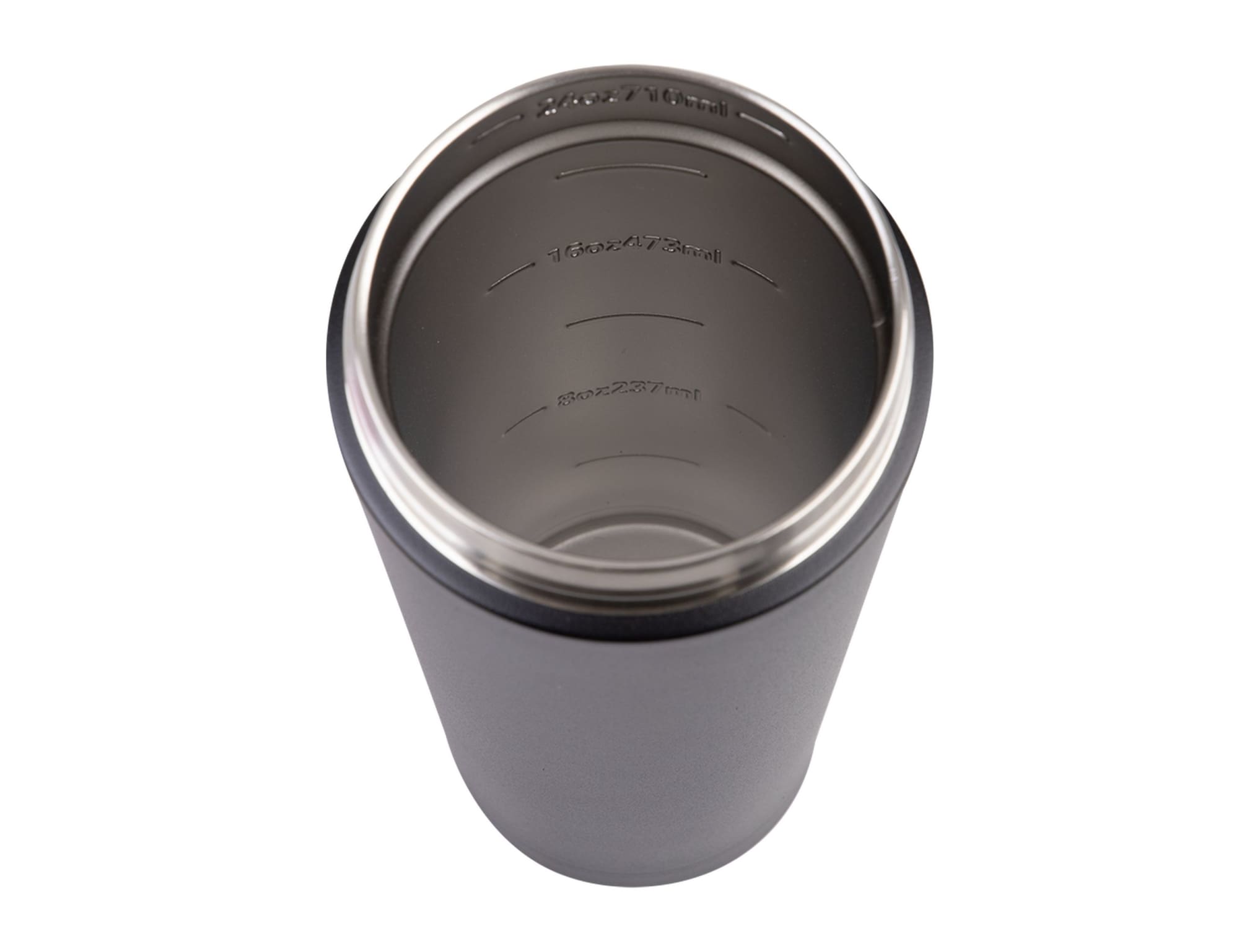A drink bottle with a sleek black exterior and a stainless steel interior, featuring measurement markings inside.