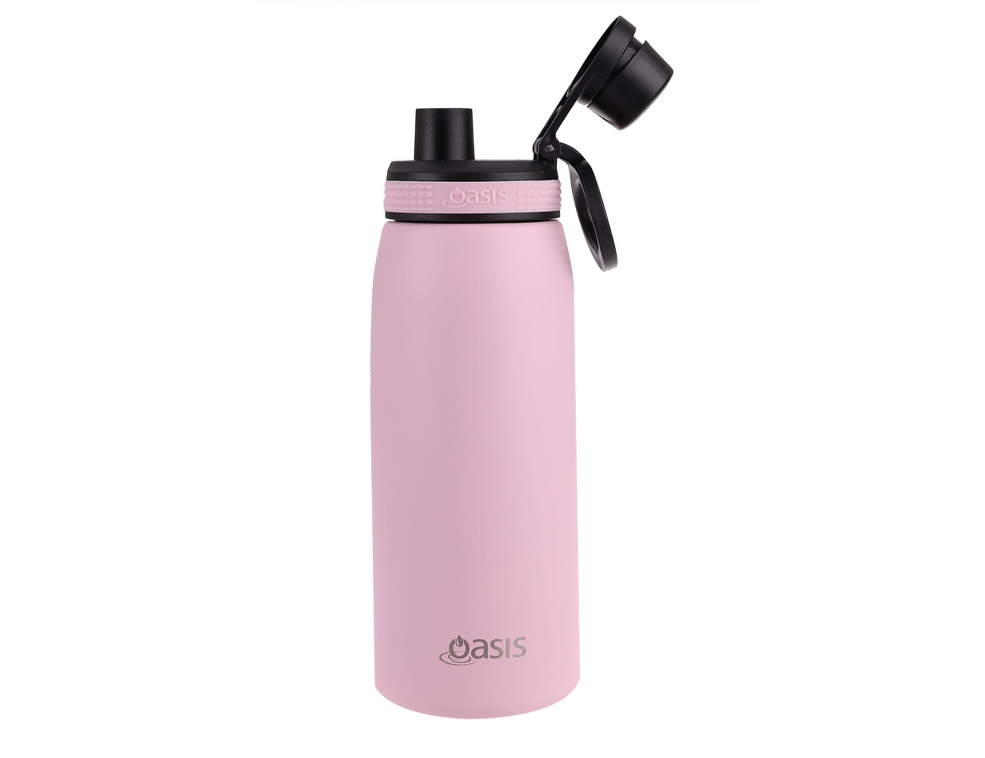 A drink bottle in soft pink with a black screw cap and a logo on the side.
