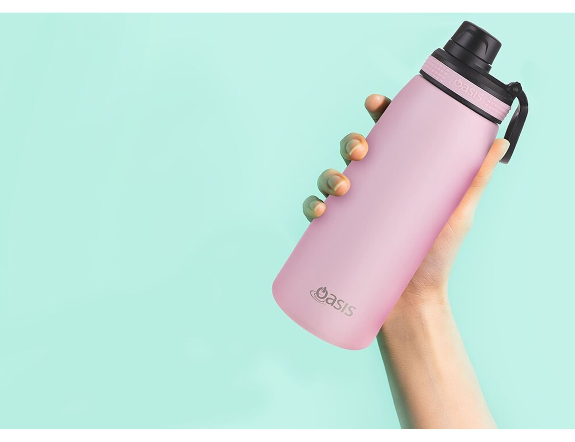 A drink bottle in a sleek pink colour, featuring a screw cap and a brand logo.