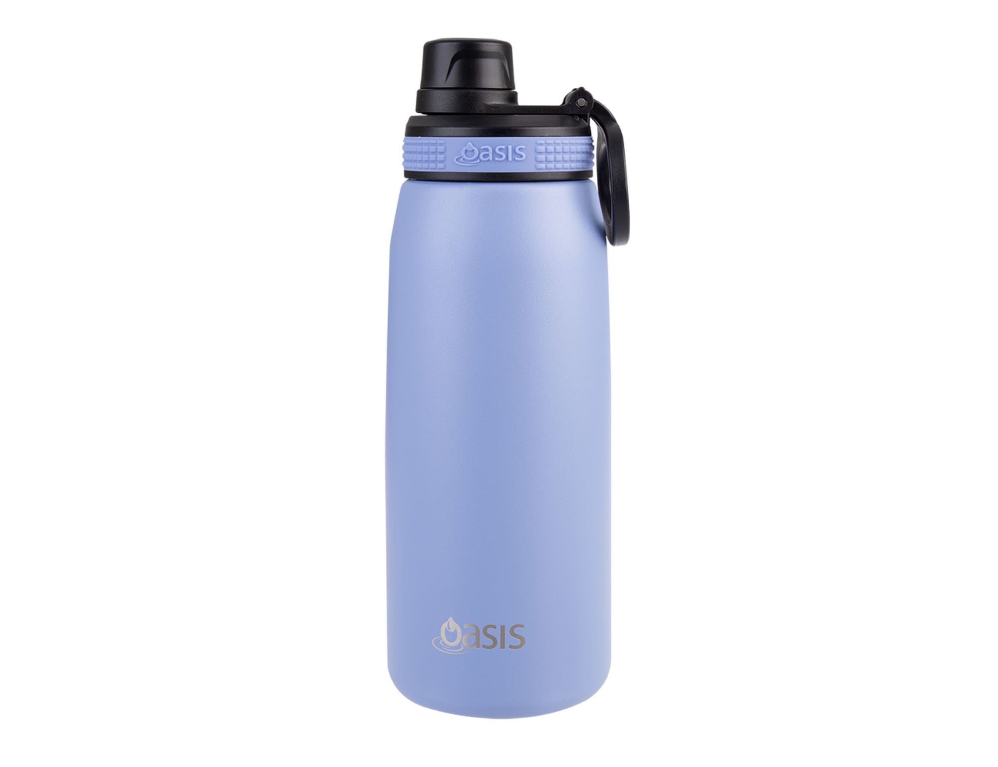 A drink bottle in a soft blue hue with a screw cap and a logo. It features a sturdy design for sports use.