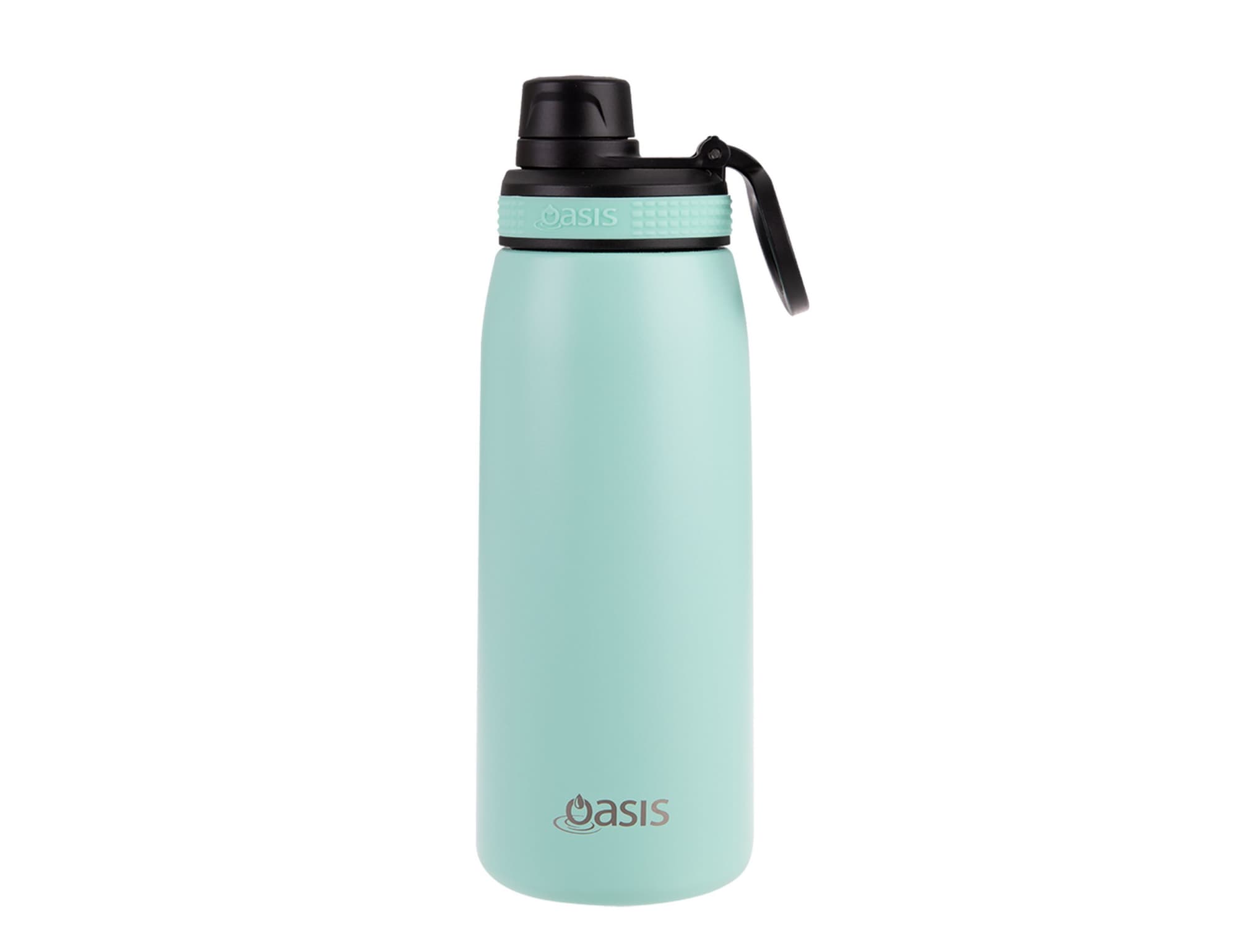 A drink bottle in mint green with a black screw cap and a logo on the body.