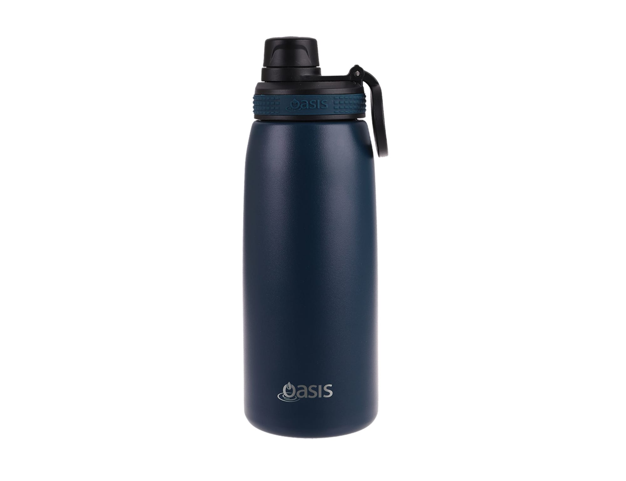 A drink bottle in navy blue with a screw cap, featuring a logo and a handle for easy carrying.