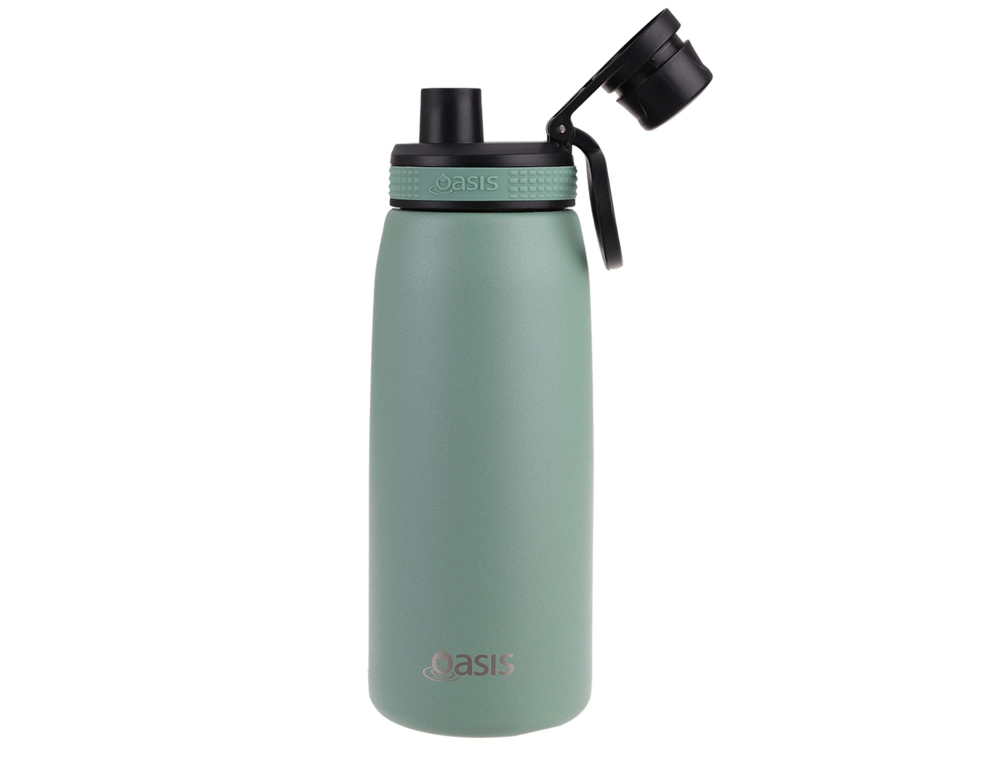 A drink bottle in matte green with a screw cap and a flip-top spout, featuring a logo.
