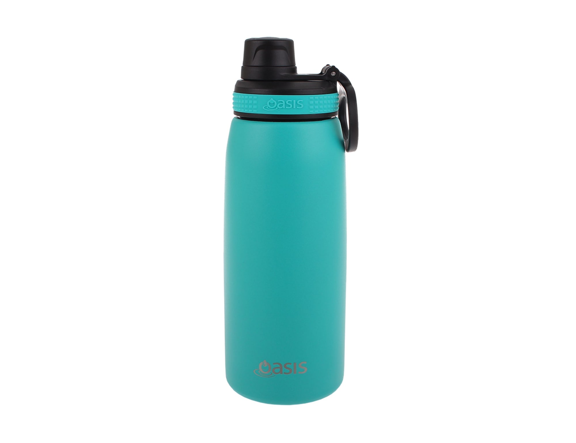 A drink bottle in a teal colour with a screw cap and a carrying handle. It features a logo.