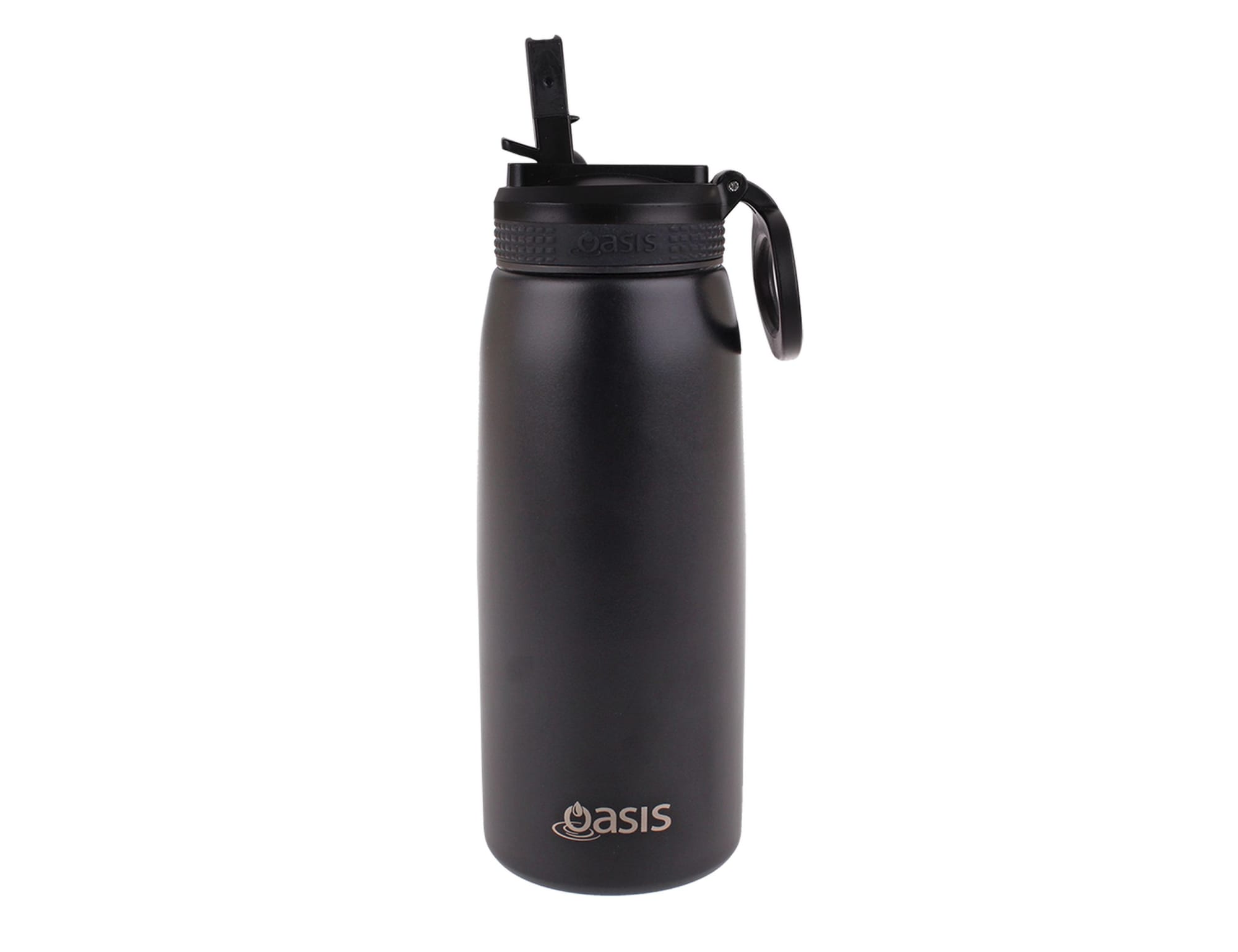 A drink bottle in matte black with a spout and a carrying handle, featuring a logo on the side.