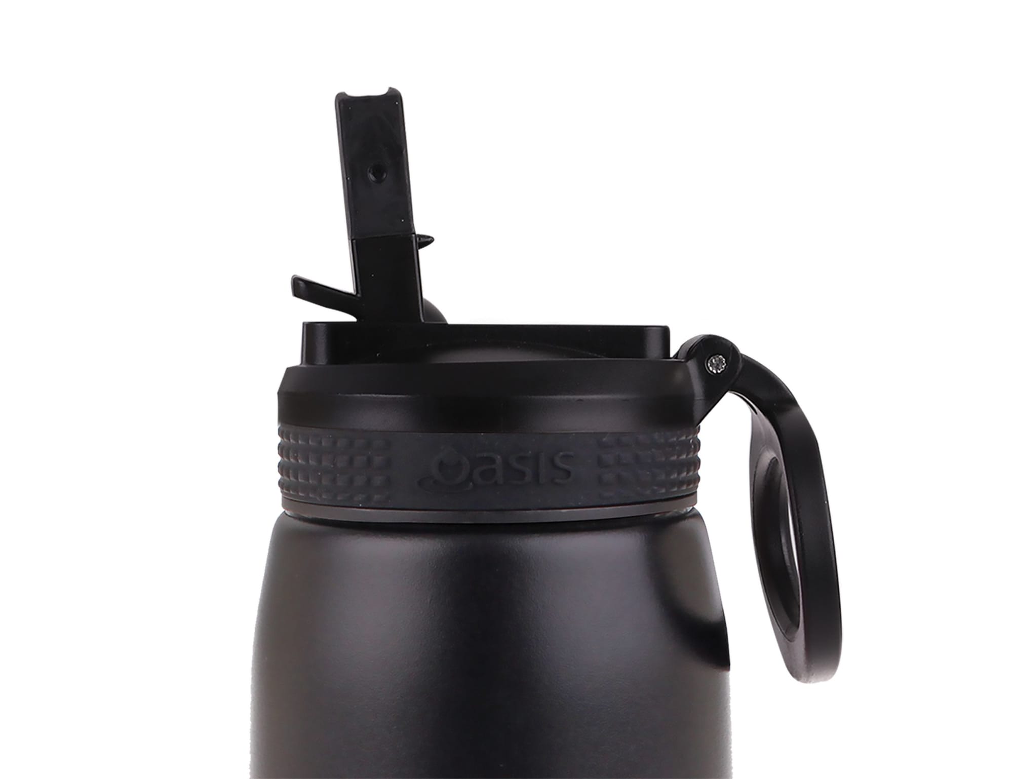 A drink bottle with a black finish, featuring a spout and a handle, and a logo on the body.