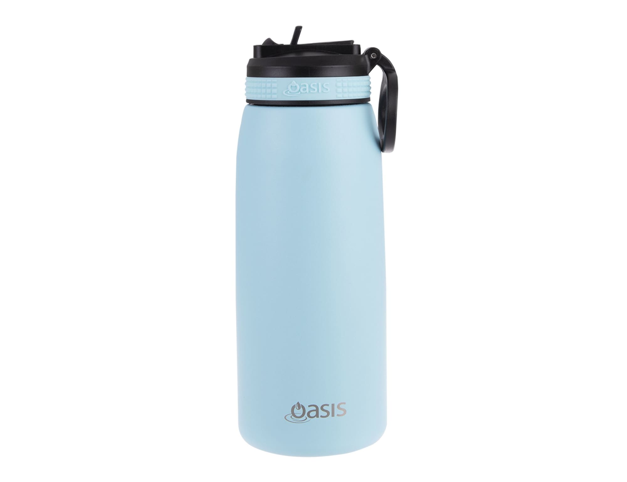 A drink bottle in a light blue colour with a black spout and carry handle, featuring a logo.