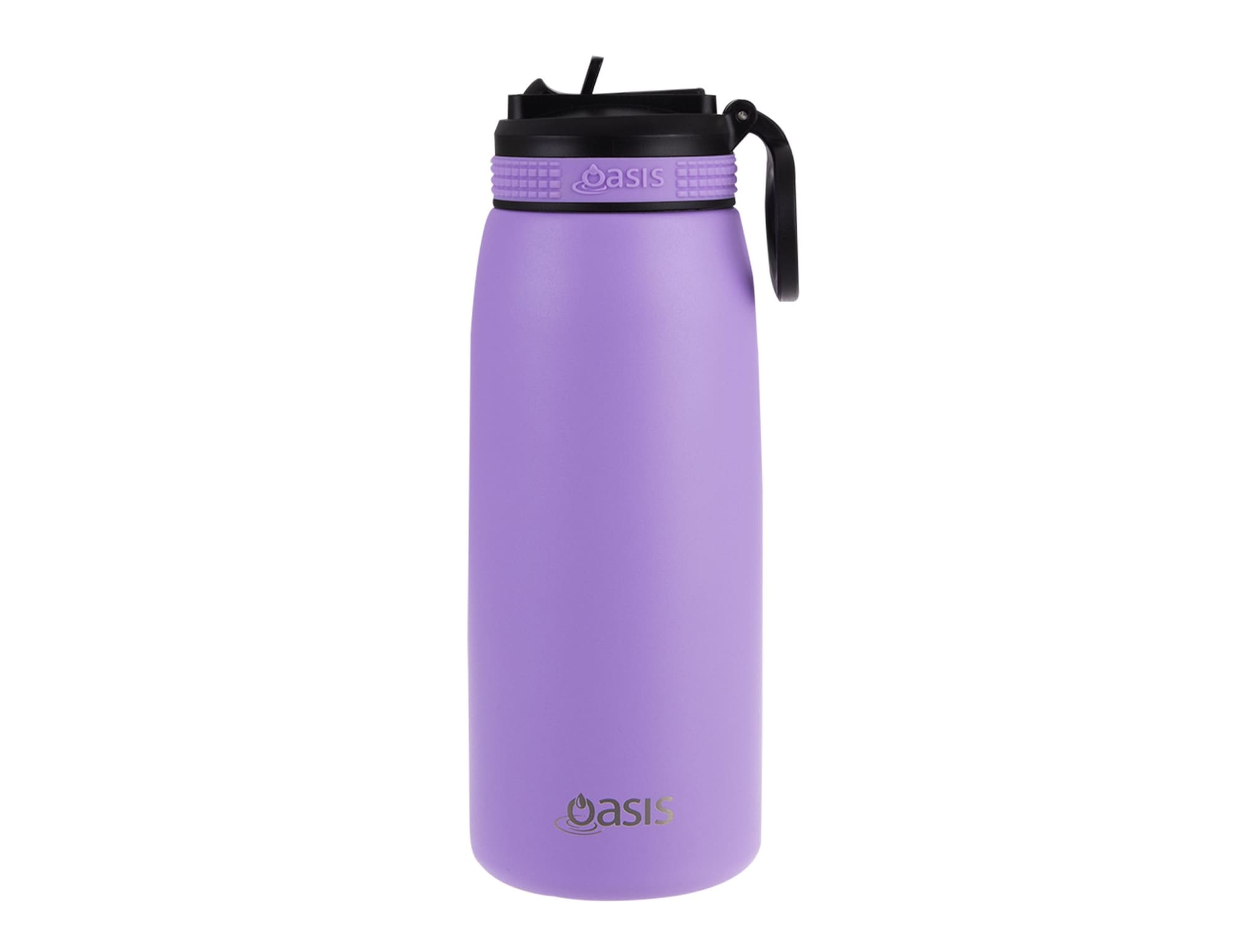 A drink bottle in pastel purple with a black spout and handle, featuring a logo on the front.