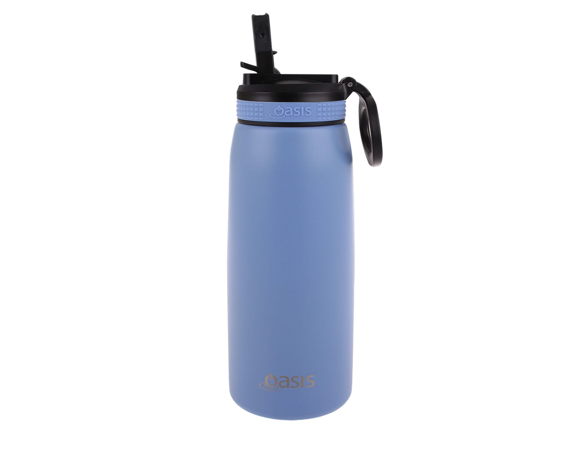 A drink bottle in blue with a black spout and handle, featuring a logo on the side.
