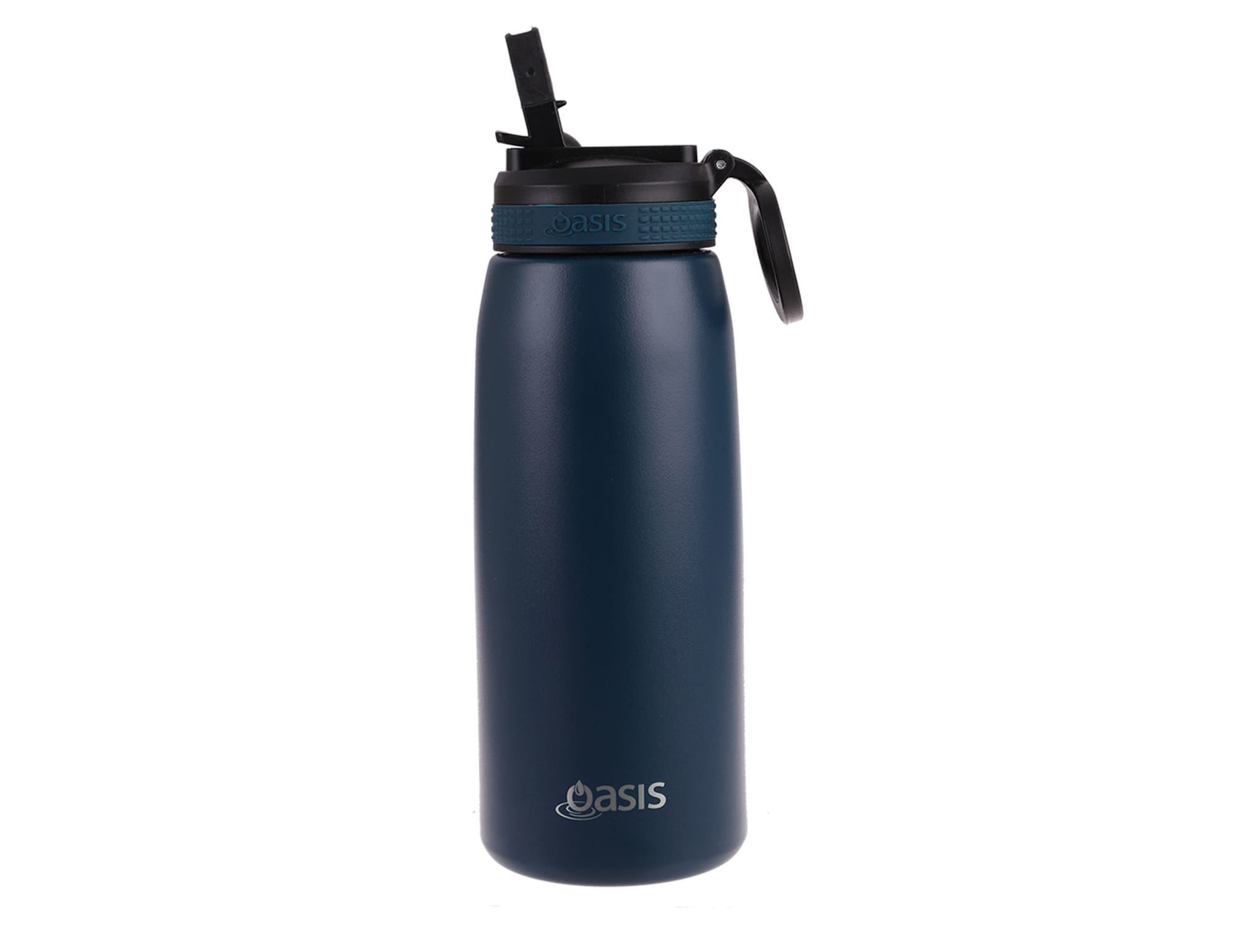 A drink bottle in navy blue with a black spout lid and a contoured body. Features a logo on the front.