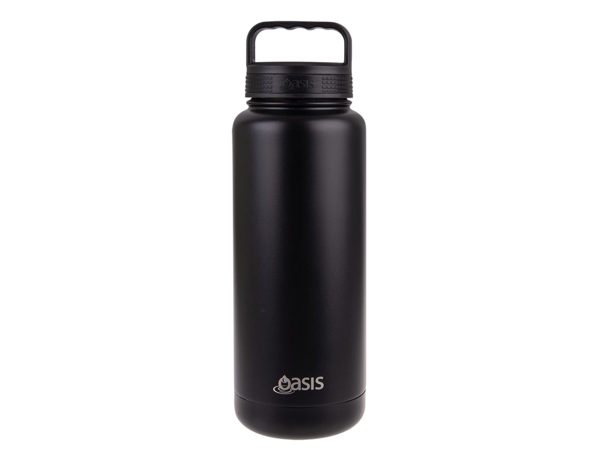 A drink bottle in matte black with a handle, featuring a logo on the front. Suitable for vacuum insulation.