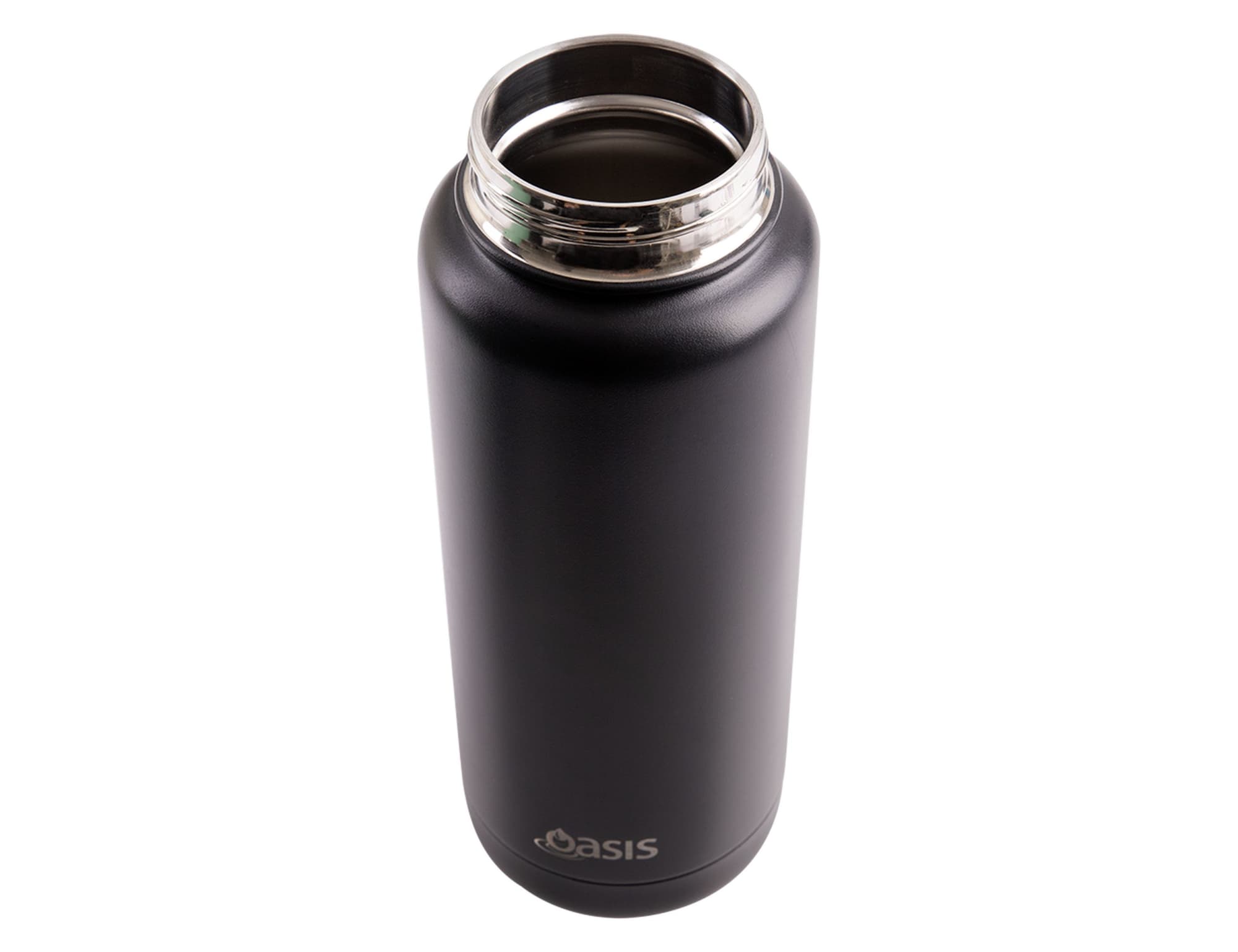 A drink bottle with a matte black finish, featuring a stainless steel opening and an embossed logo on the bottom.