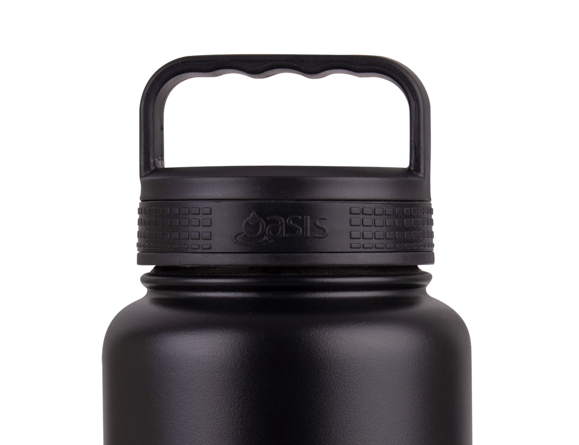 A drink bottle with a black finish, featuring a sturdy handle and a textured grip around the lid. It has a logo.
