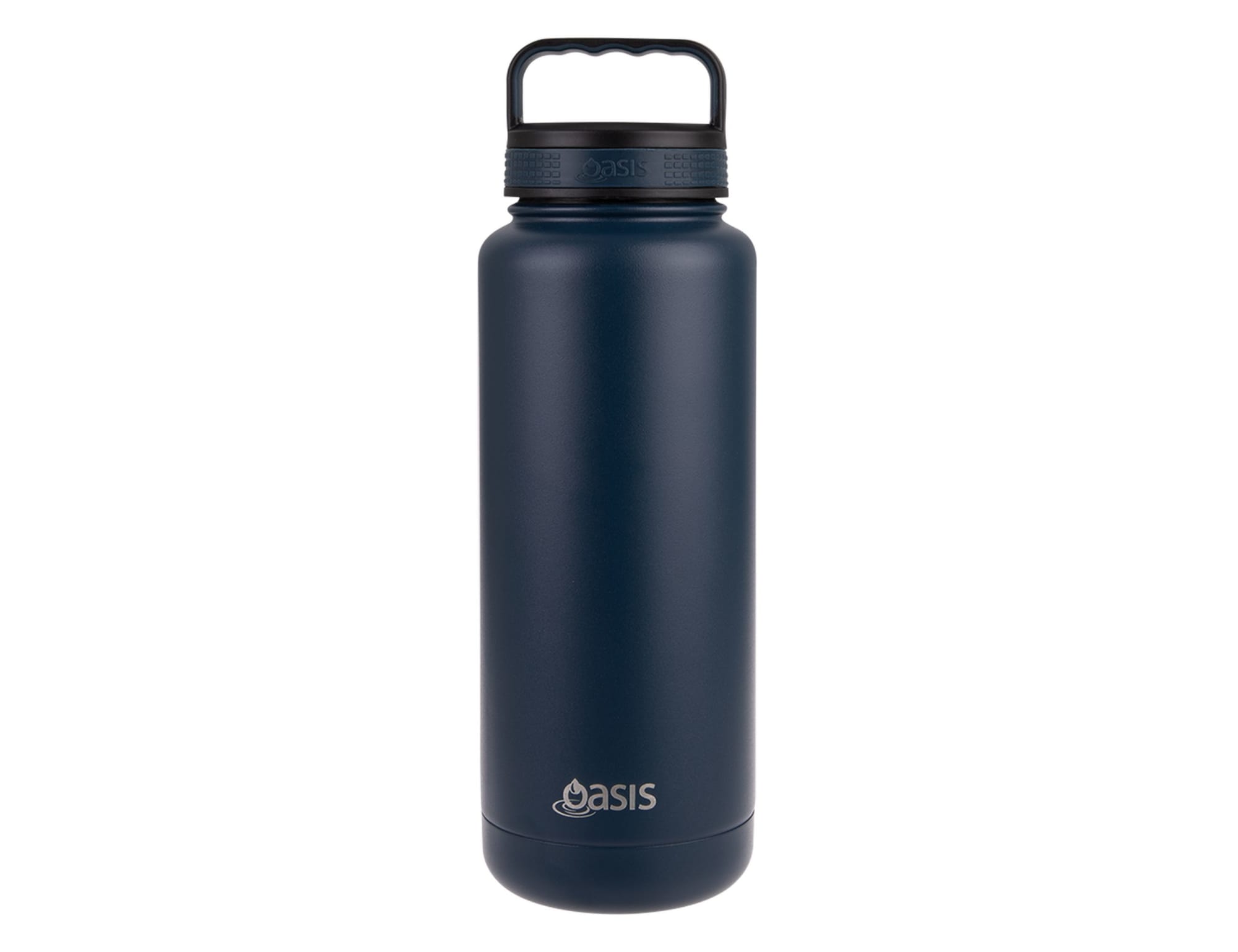 A drink bottle in navy blue with a black lid and handle, featuring a logo on the front.