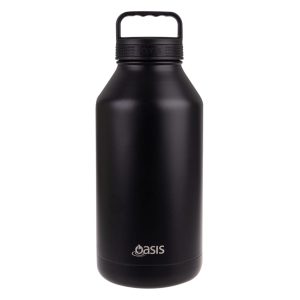 A drink bottle in matte black with a handle and a logo near the base.