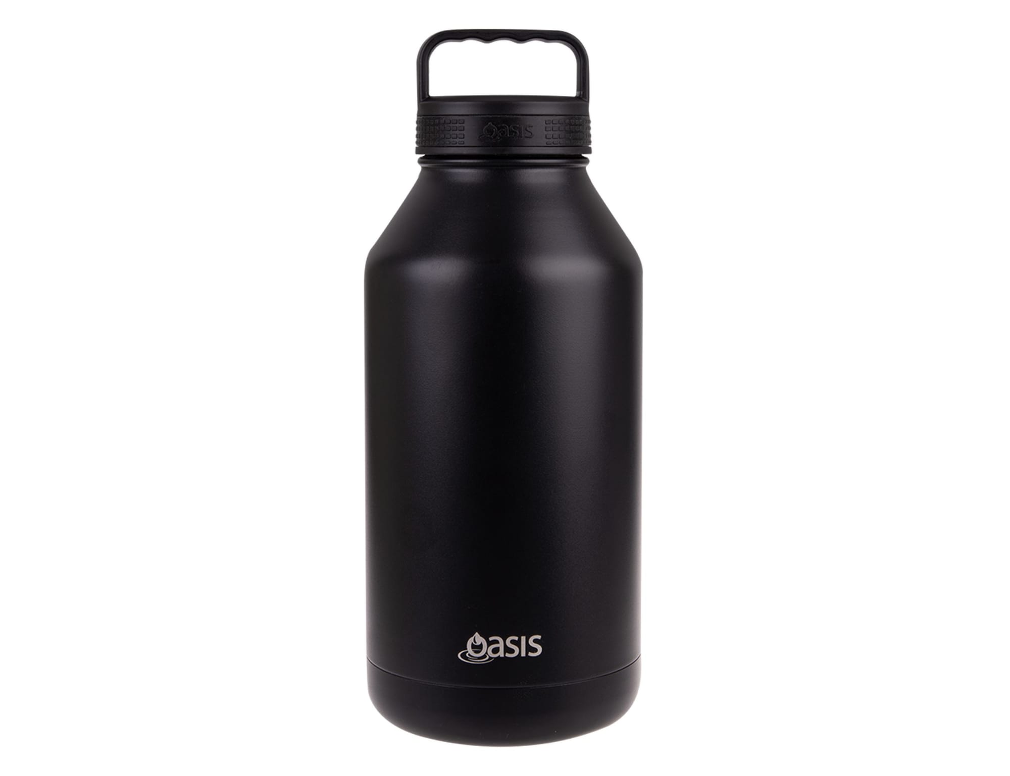 A drink bottle in matte black with a handle and a logo near the base.