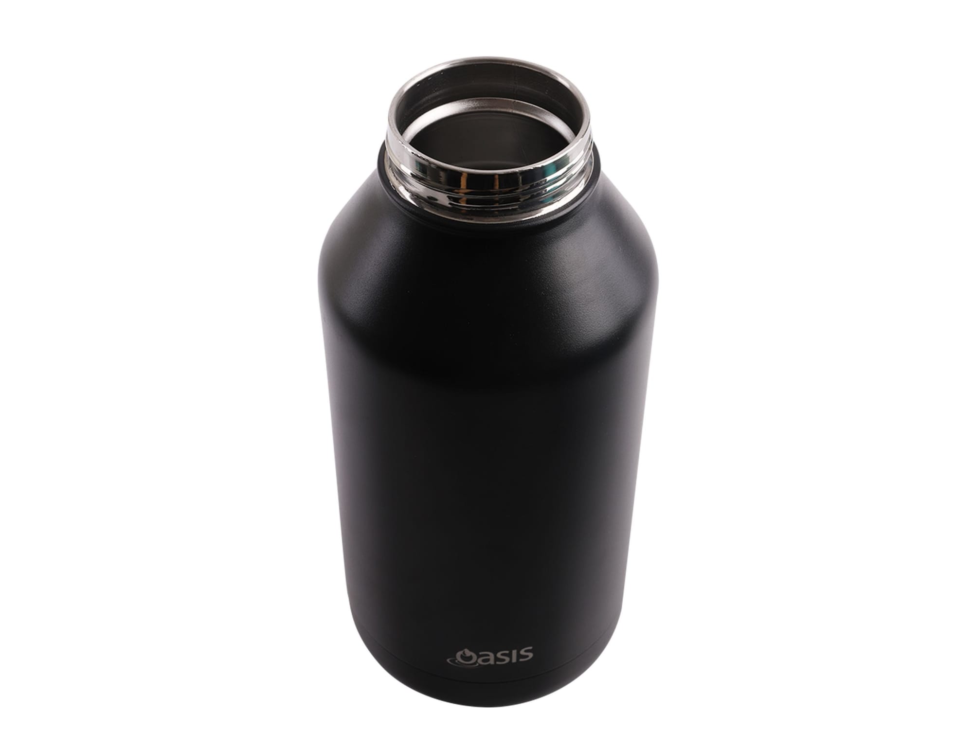 A drink bottle in matte black with a stainless steel neck, featuring a logo on the base.