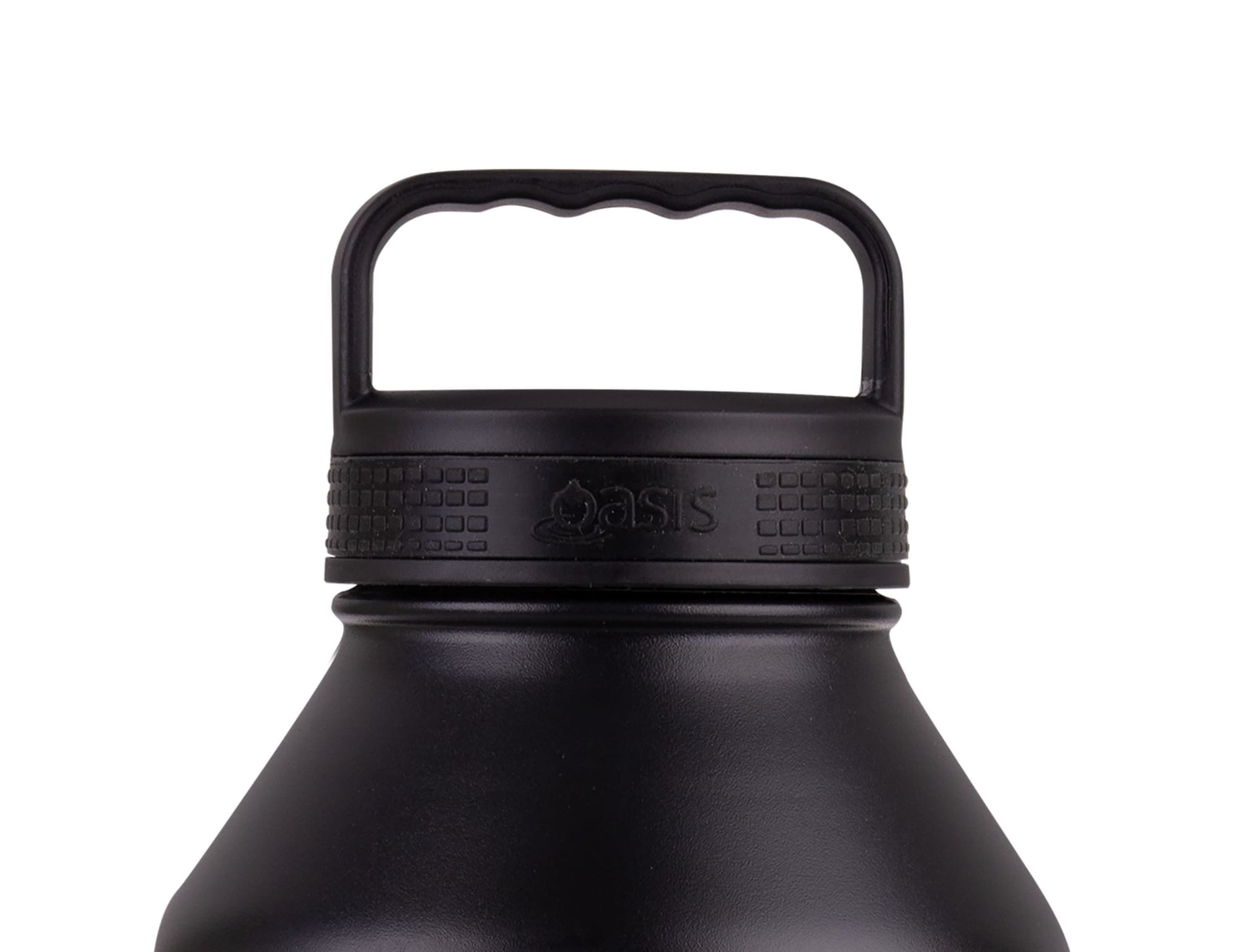 A drink bottle with a black matte finish and a sturdy carrying handle, featuring a branded section.