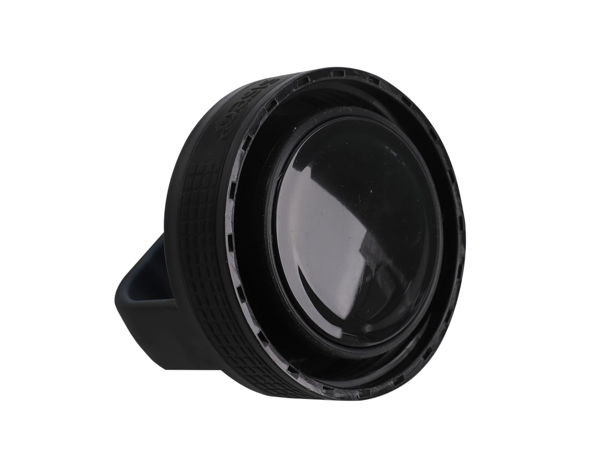 A drink bottle cap in black plastic with a smooth, rounded top and a textured grip around the edge.