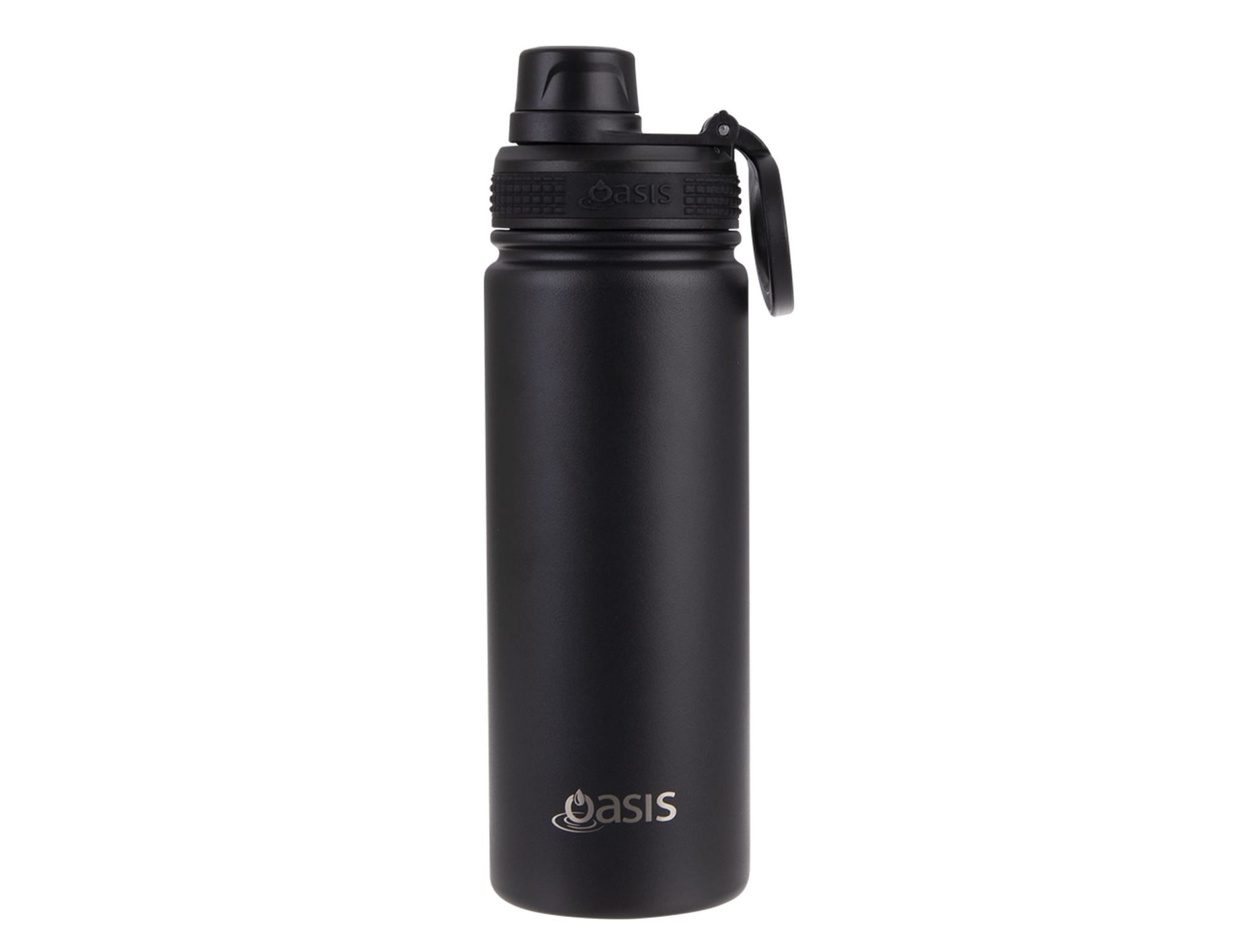 A drink bottle in matte black with a screw cap and a logo, designed for sports and outdoor use.