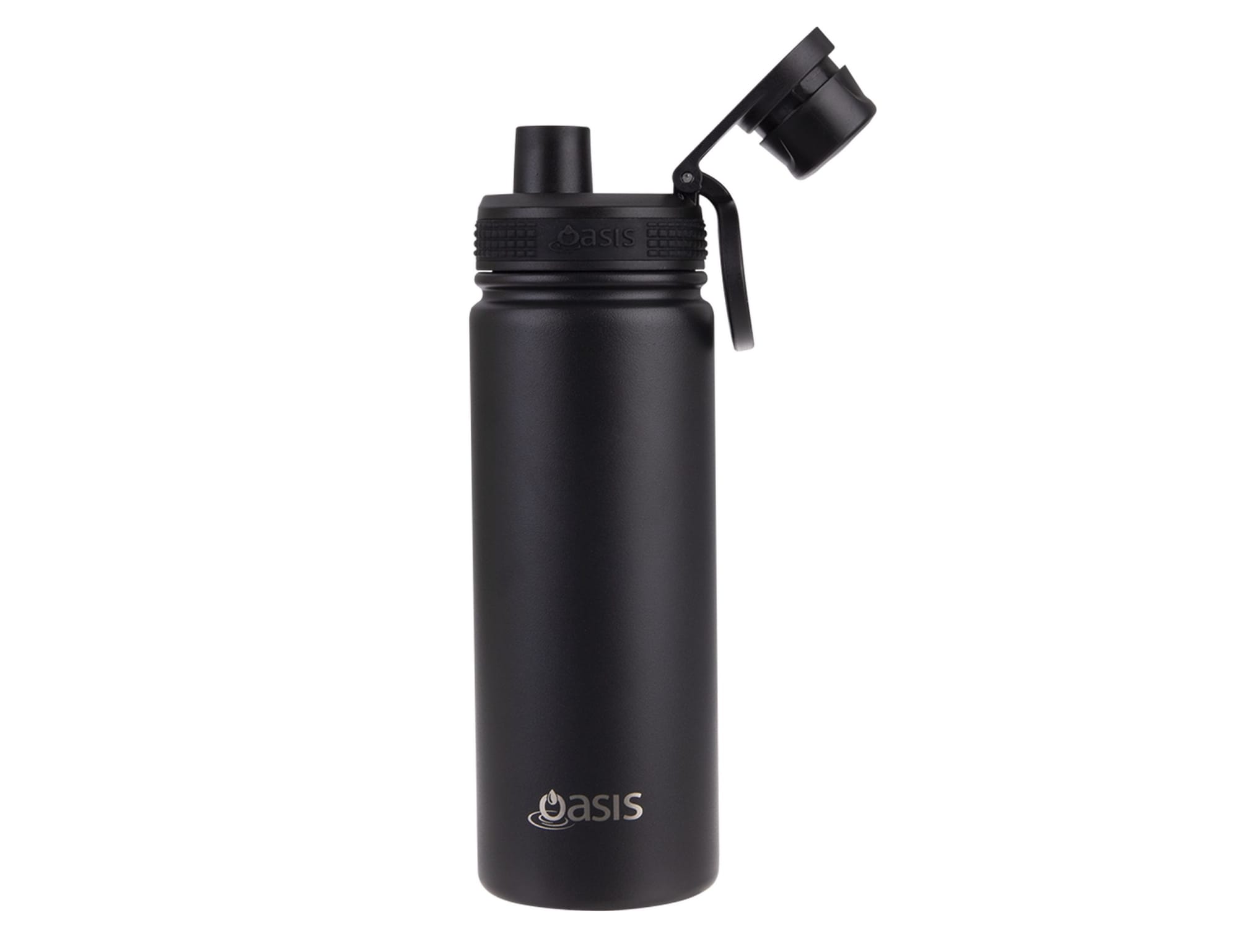 A drink bottle in matte black with a screw cap and a removable lid featuring a logo.