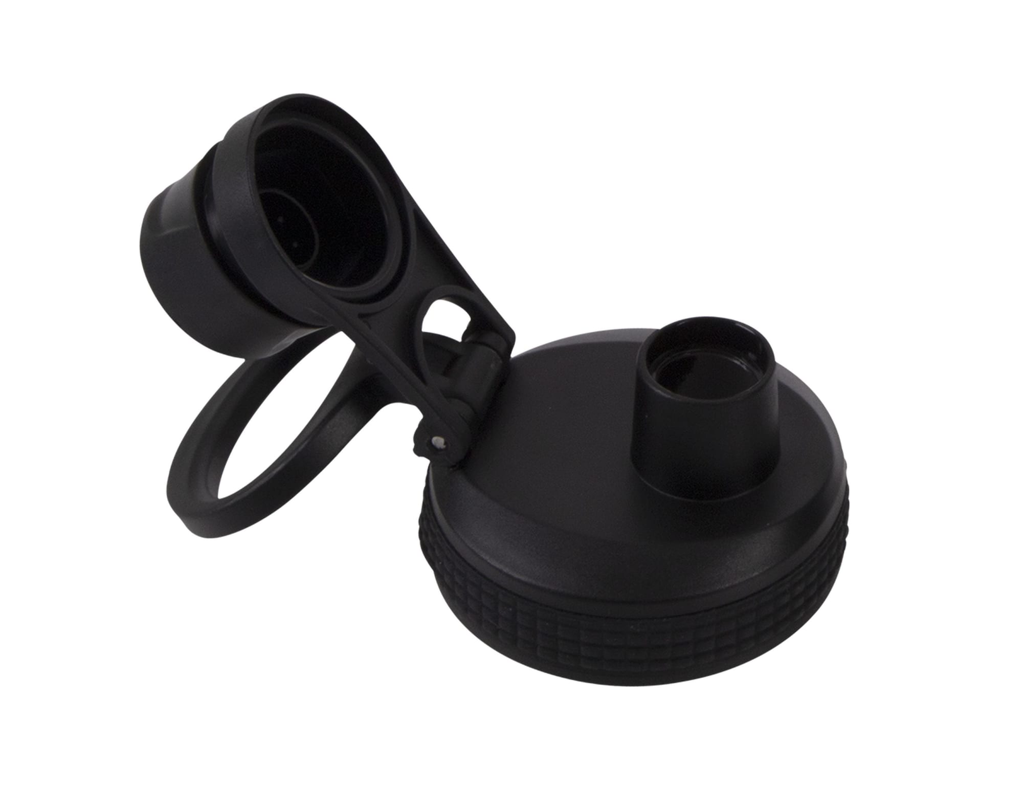 A drink bottle cap and spout in black, featuring a screw cap design and a handle for easy carrying.